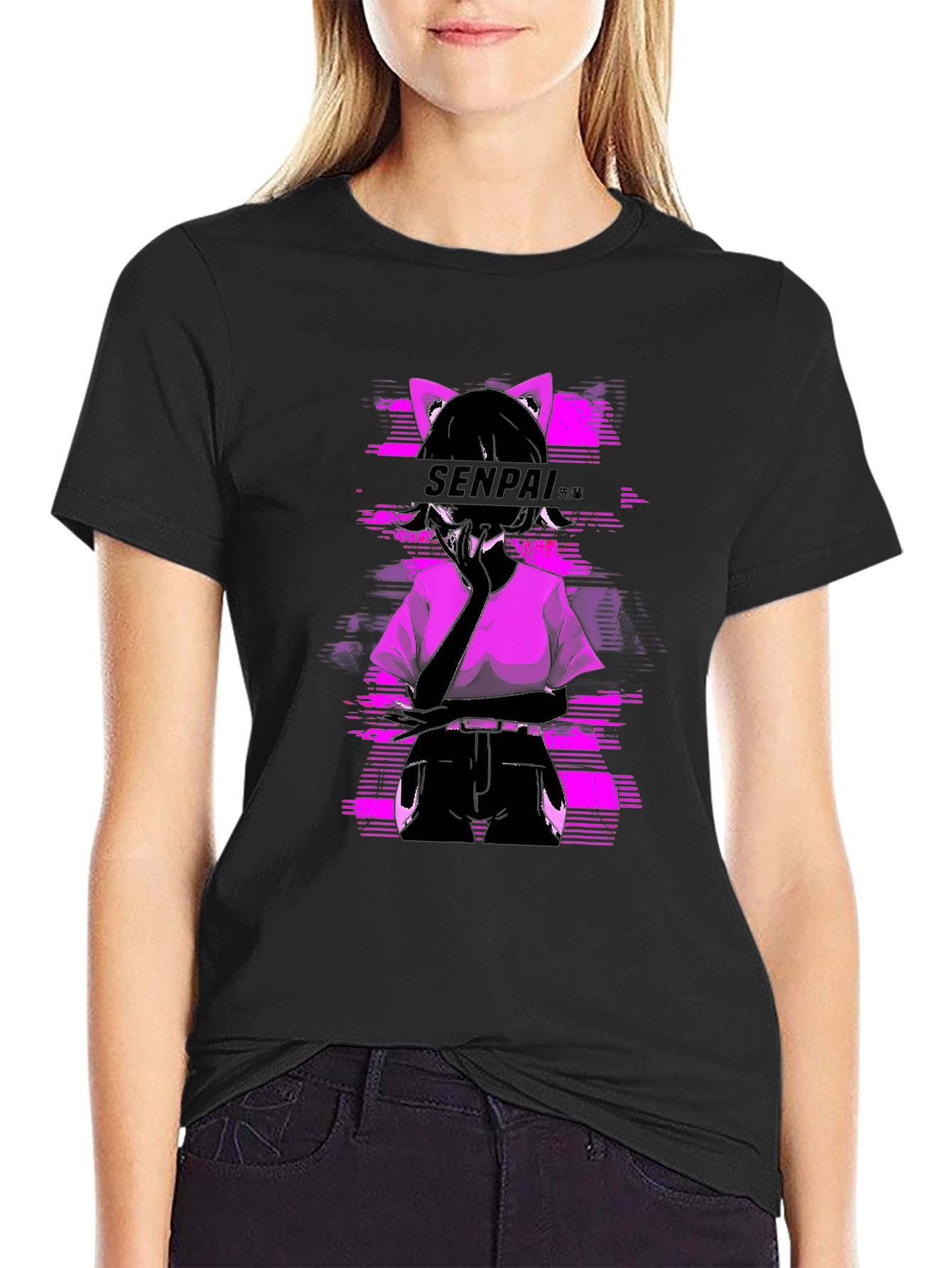 Senpai Anime Girl Graphic Tee - Black Cotton T-Shirt