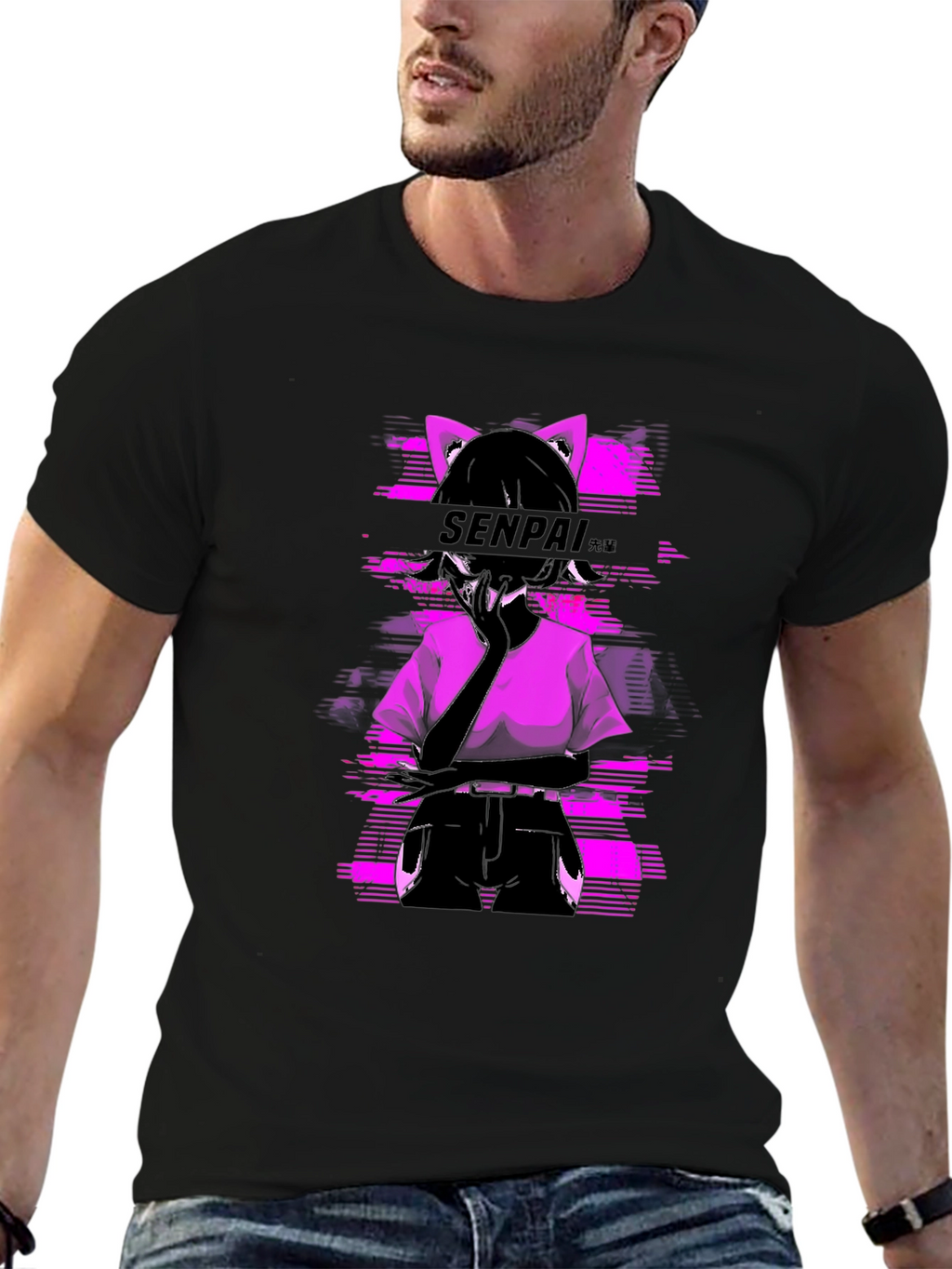 Senpai Anime Girl Graphic Tee - Black Cotton T-Shirt