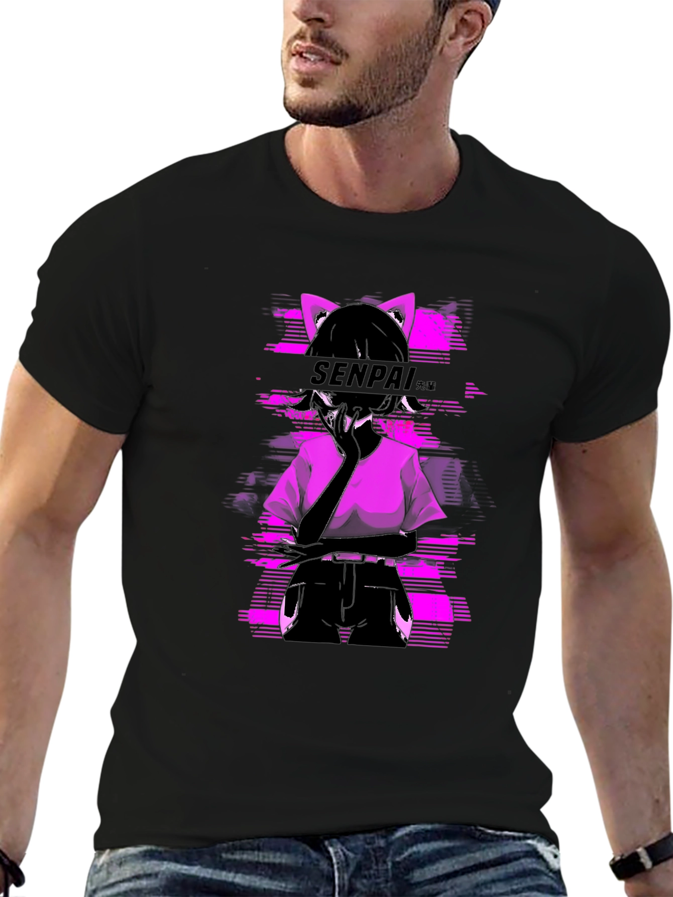 Senpai Anime Girl Graphic Tee - Black Cotton T-Shirt