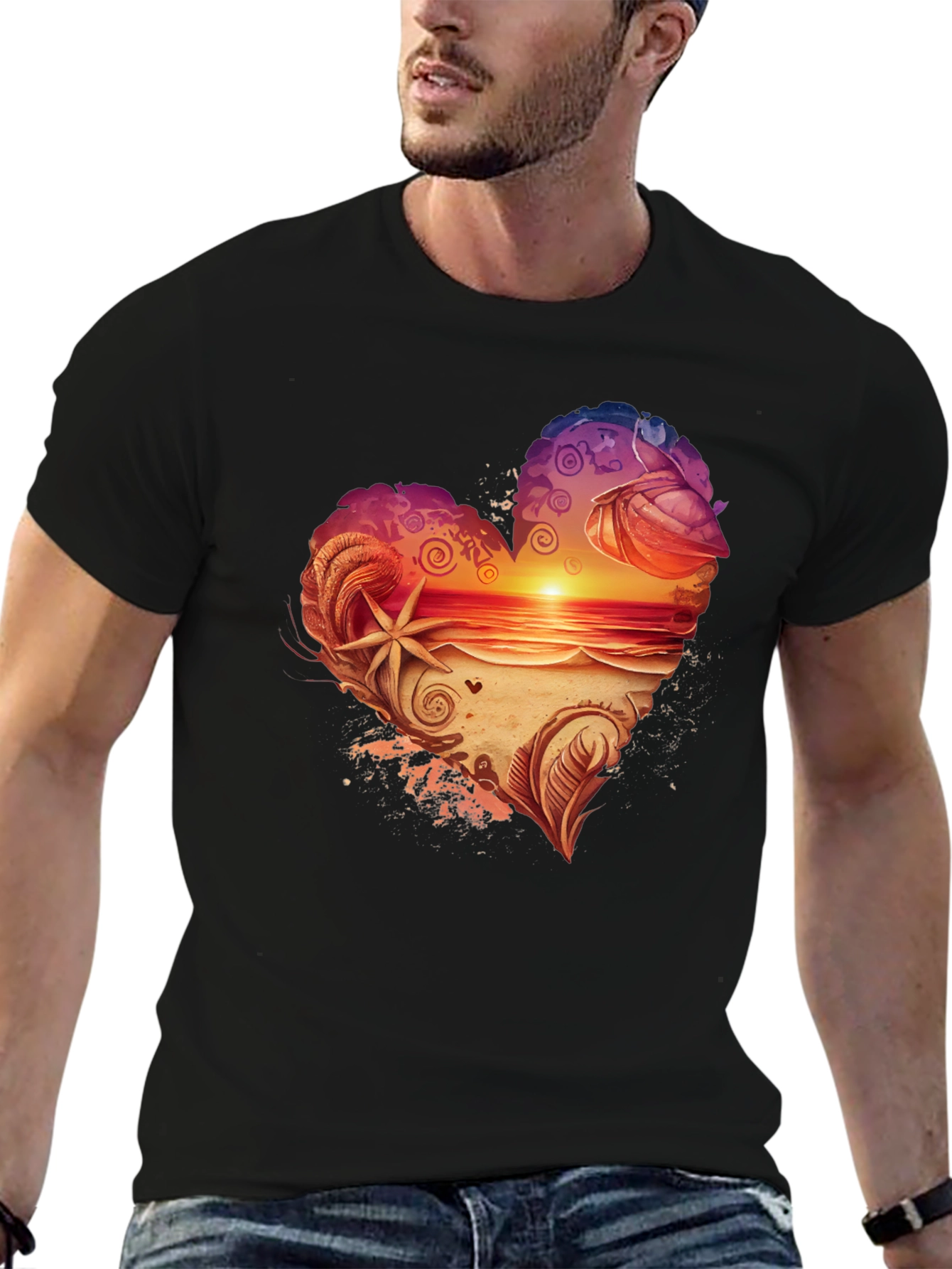 Heart Sunset Beach Graphic Tee - Black