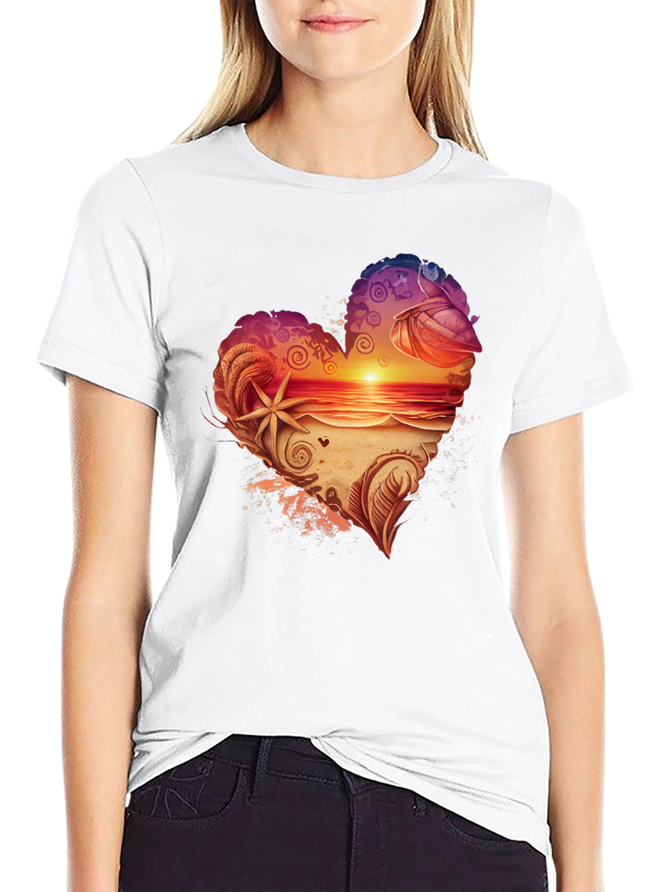 Heart Sunset Beach Graphic Tee - Black