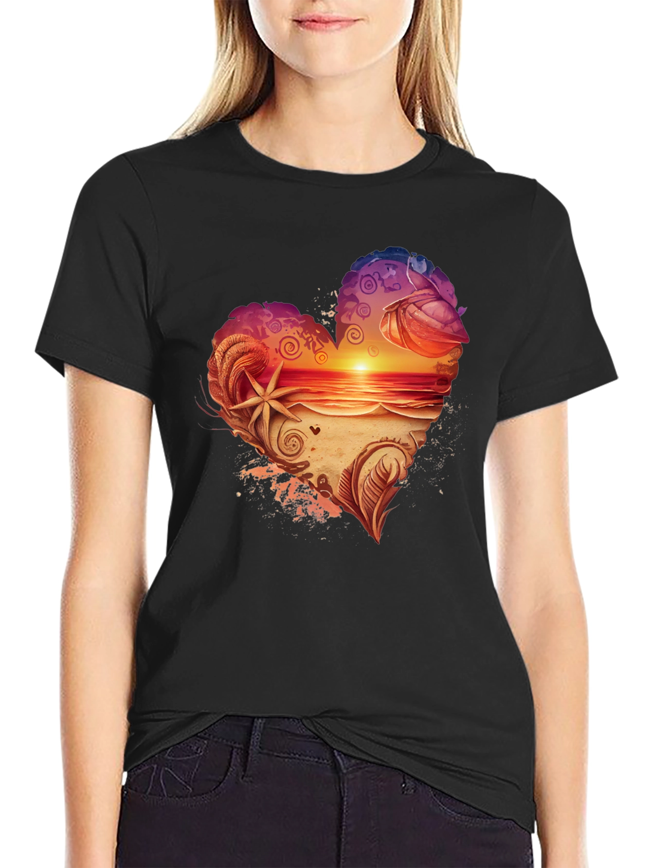 Heart Sunset Beach Graphic Tee - Black