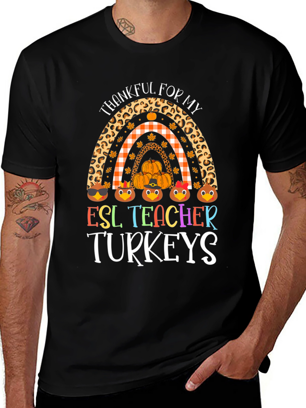 Thankful ESL Teacher Turkeys Rainbow Graphic Tee