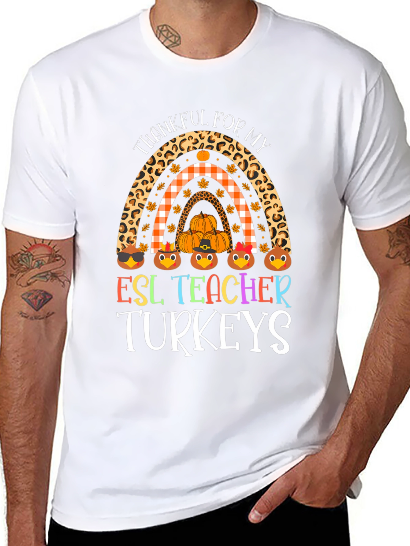 Thankful ESL Teacher Turkeys Rainbow Graphic Tee