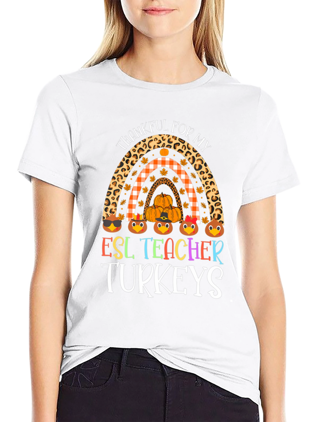 Thankful ESL Teacher Turkeys Rainbow Graphic Tee