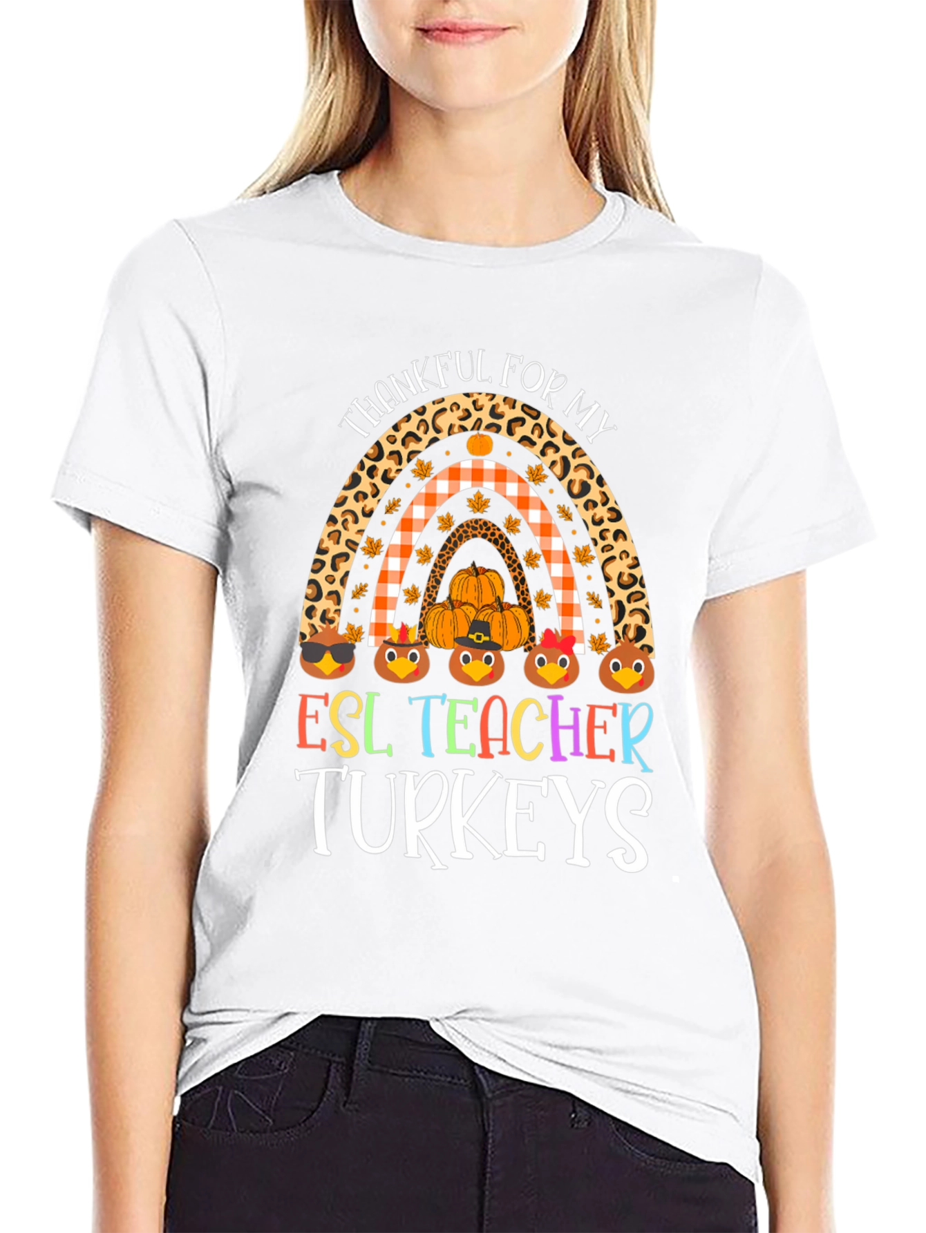 Thankful ESL Teacher Turkeys Rainbow Graphic Tee
