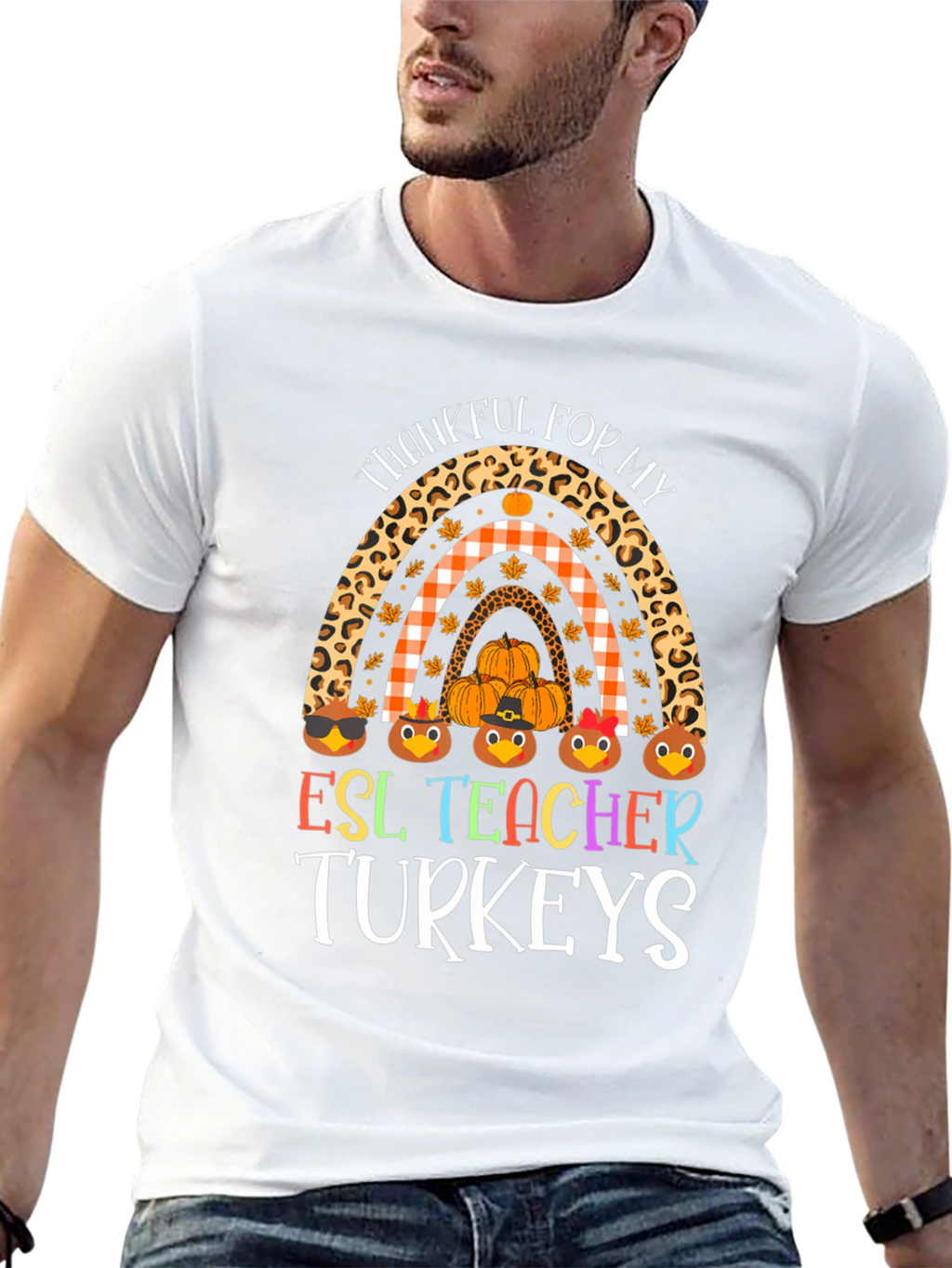Thankful ESL Teacher Turkeys Rainbow Graphic Tee