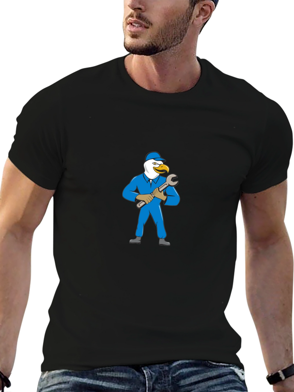 Eagle Mechanic Cartoon Black T-Shirt