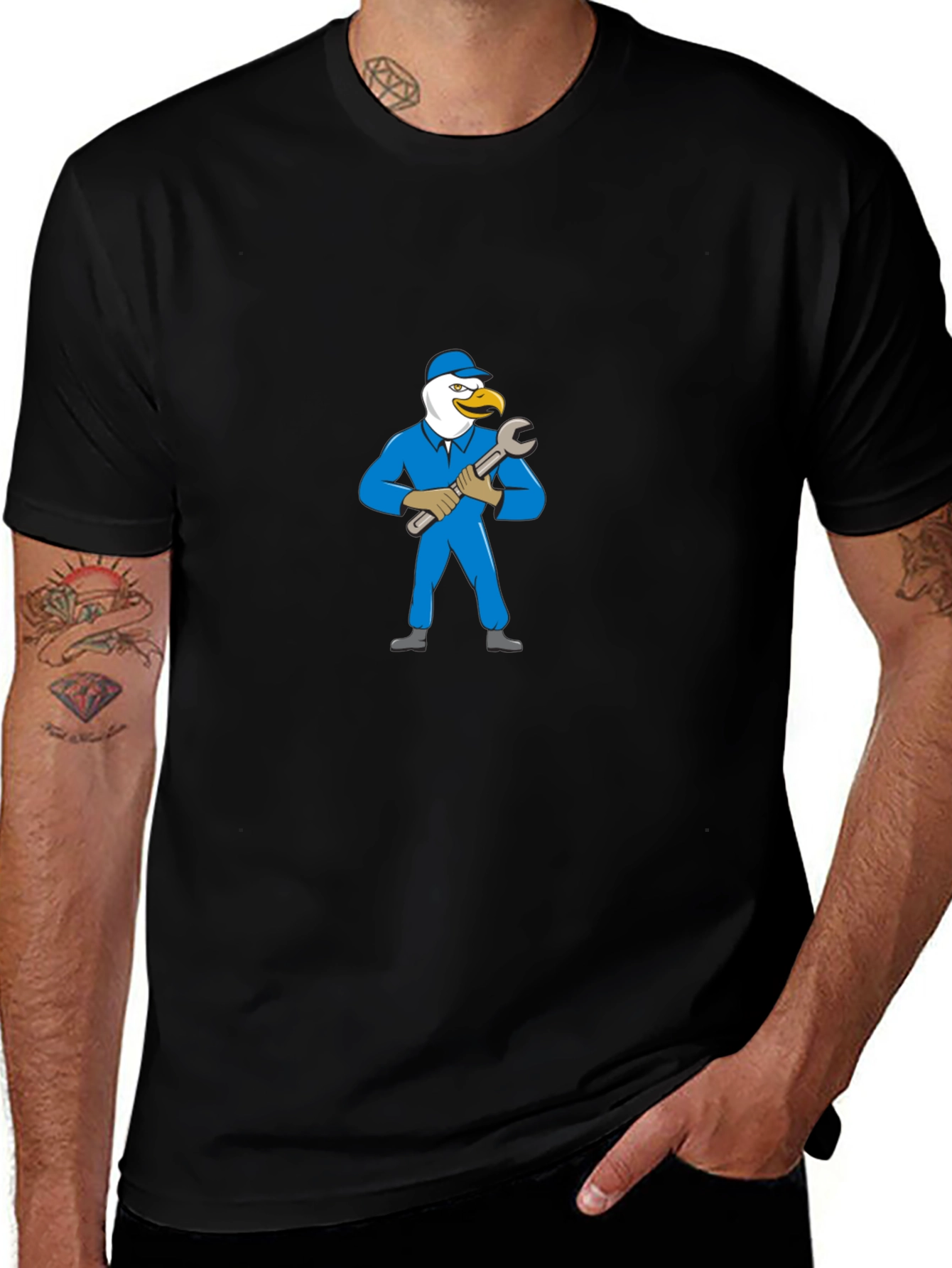 Eagle Mechanic Cartoon Black T-Shirt