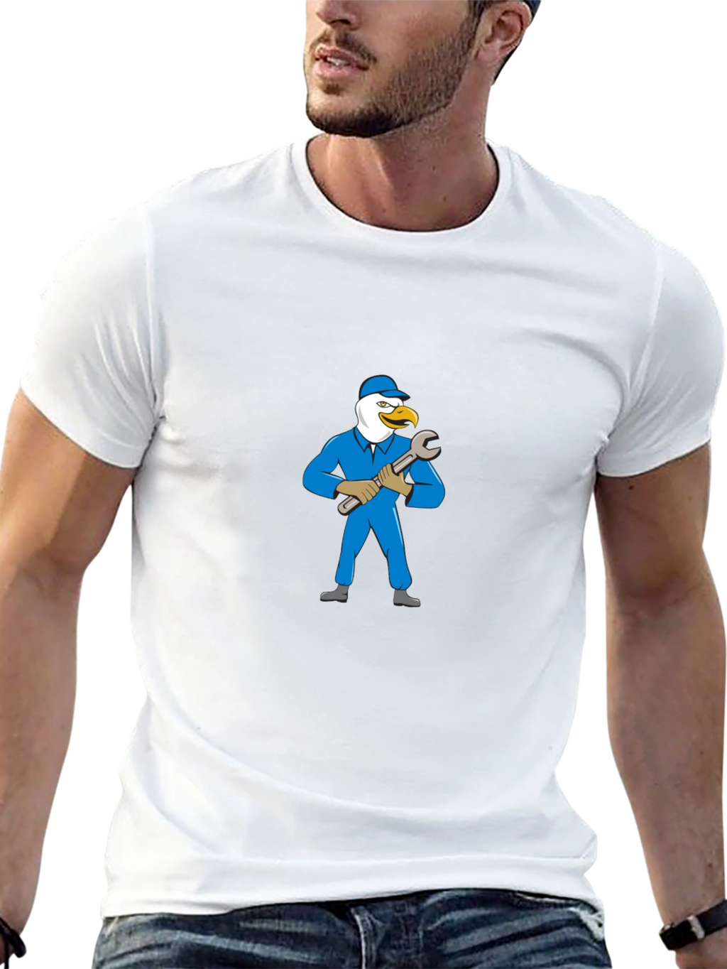 Eagle Mechanic Cartoon Black T-Shirt