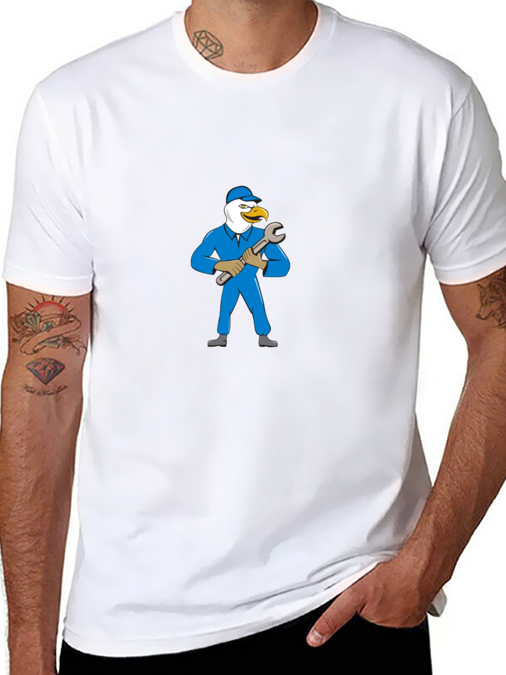 Eagle Mechanic Cartoon Black T-Shirt