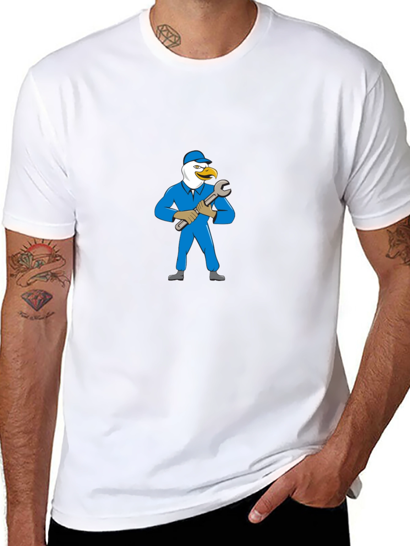 Eagle Mechanic Cartoon Black T-Shirt