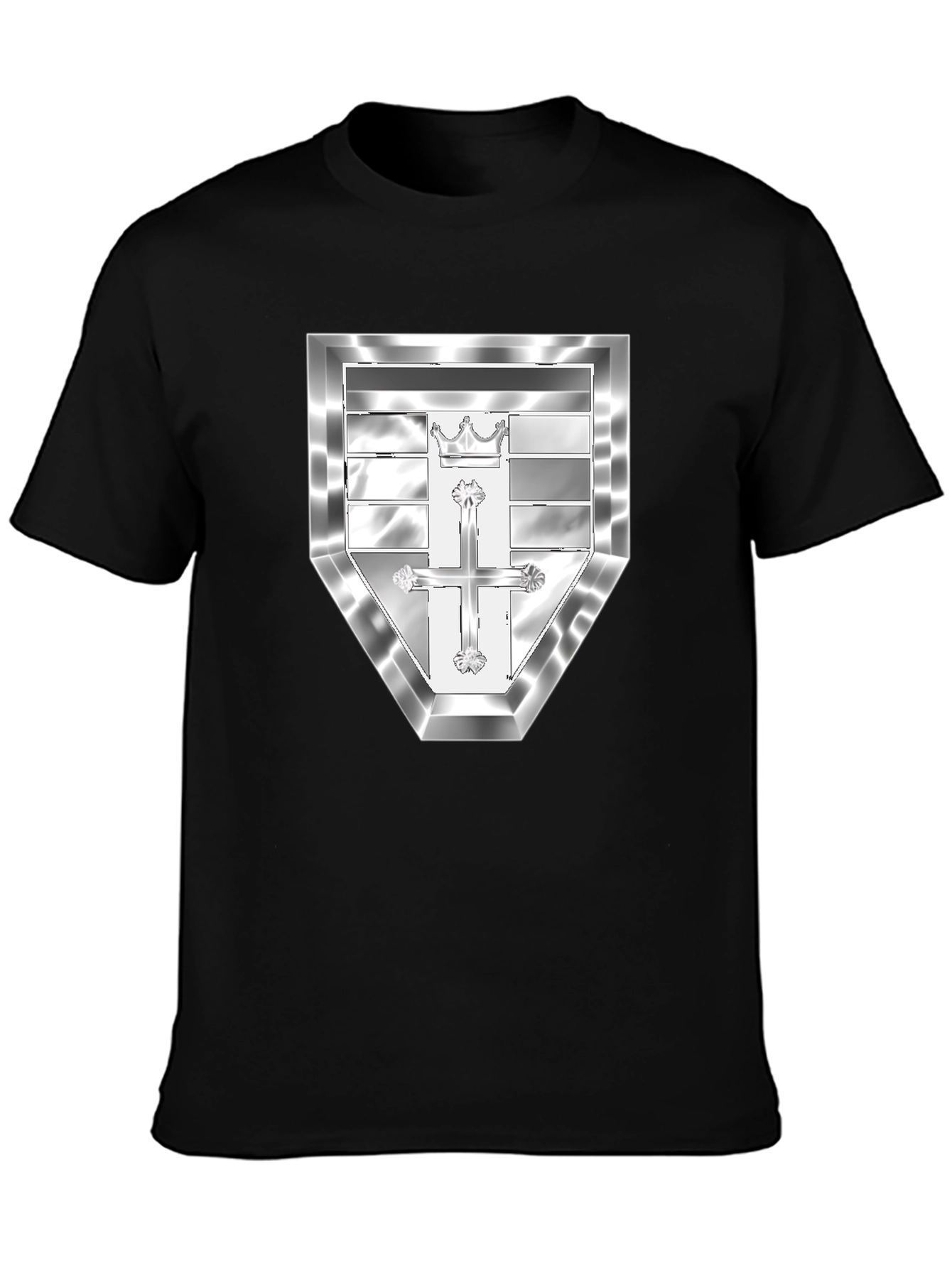 Black T-Shirt with Silver Crest Design