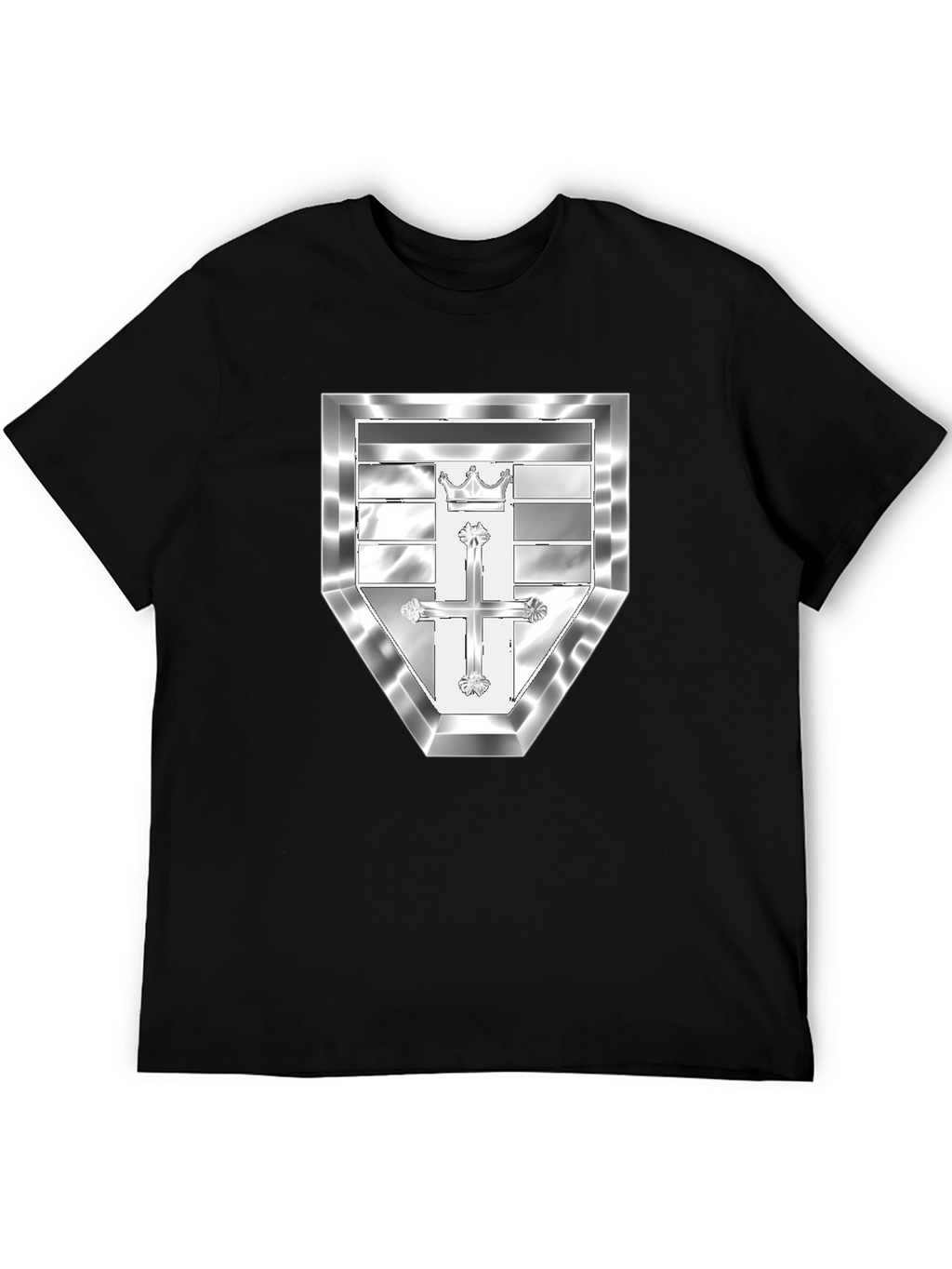 Black T-Shirt with Silver Crest Design