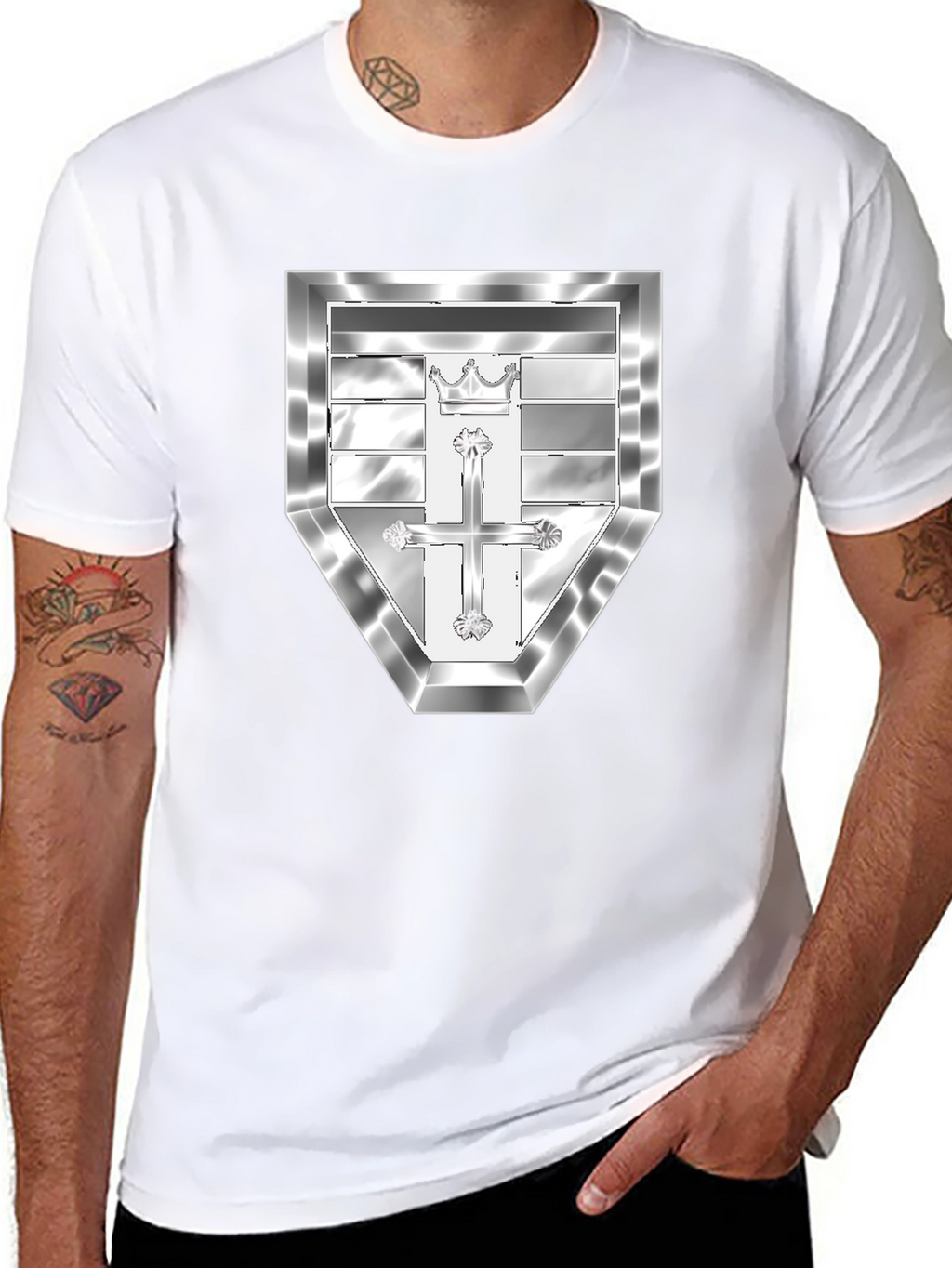 Black T-Shirt with Silver Crest Design