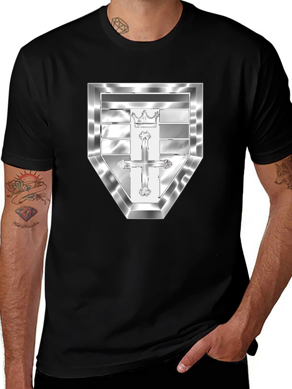 Black T-Shirt with Silver Crest Design