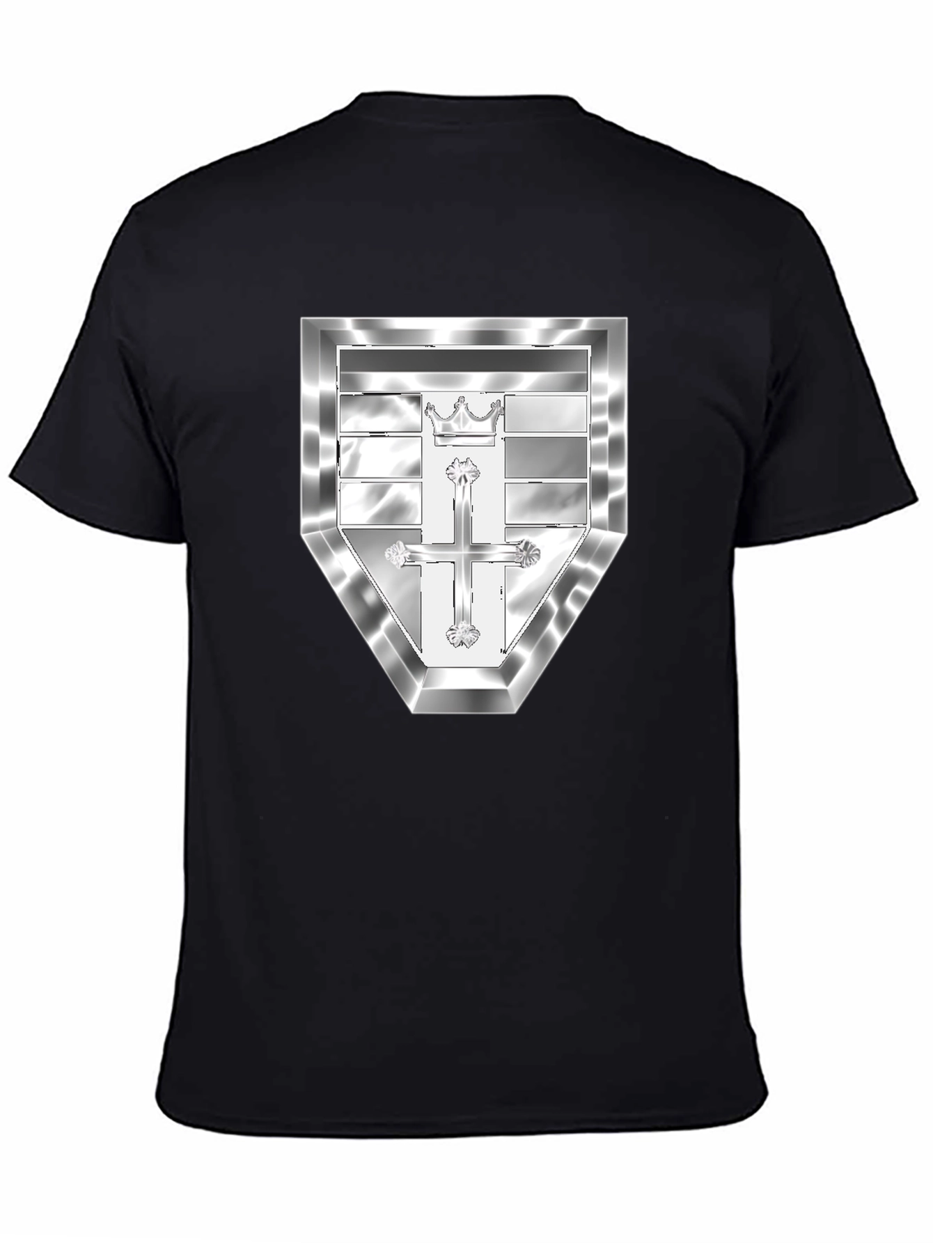Black T-Shirt with Silver Crest Design