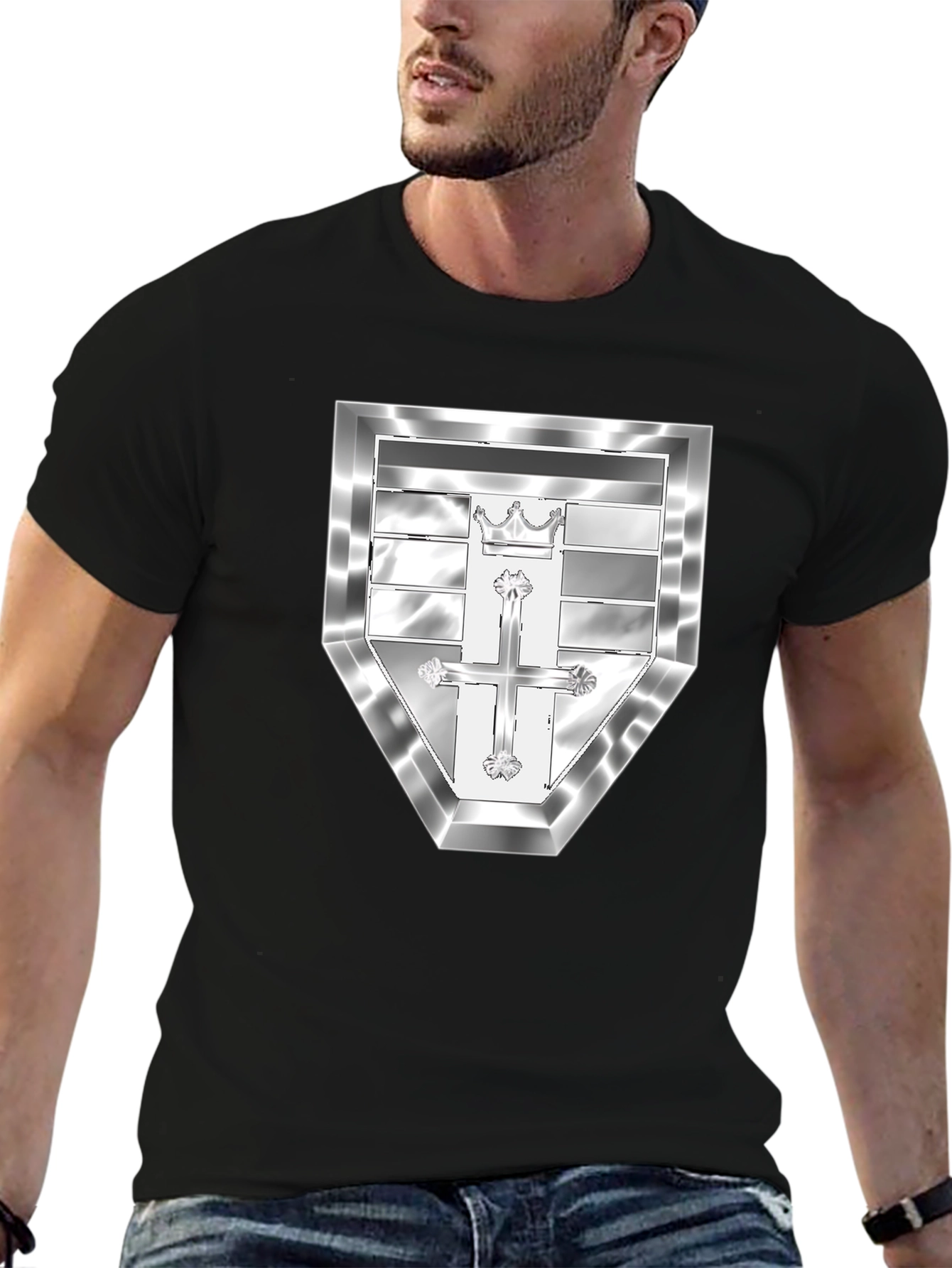 Black T-Shirt with Silver Crest Design