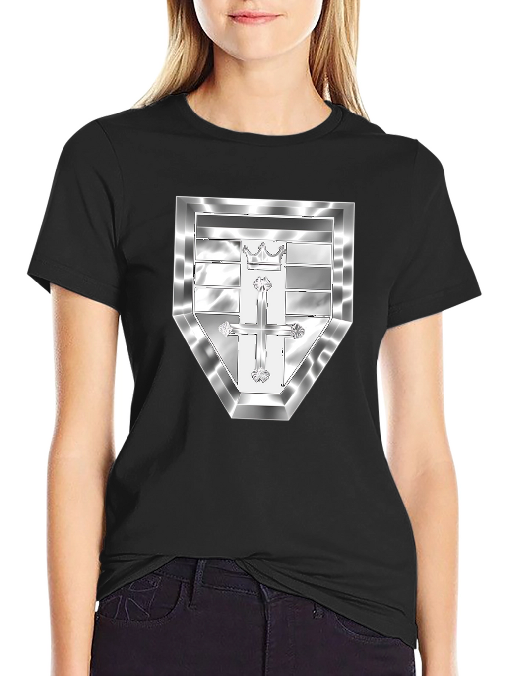 Black T-Shirt with Silver Crest Design