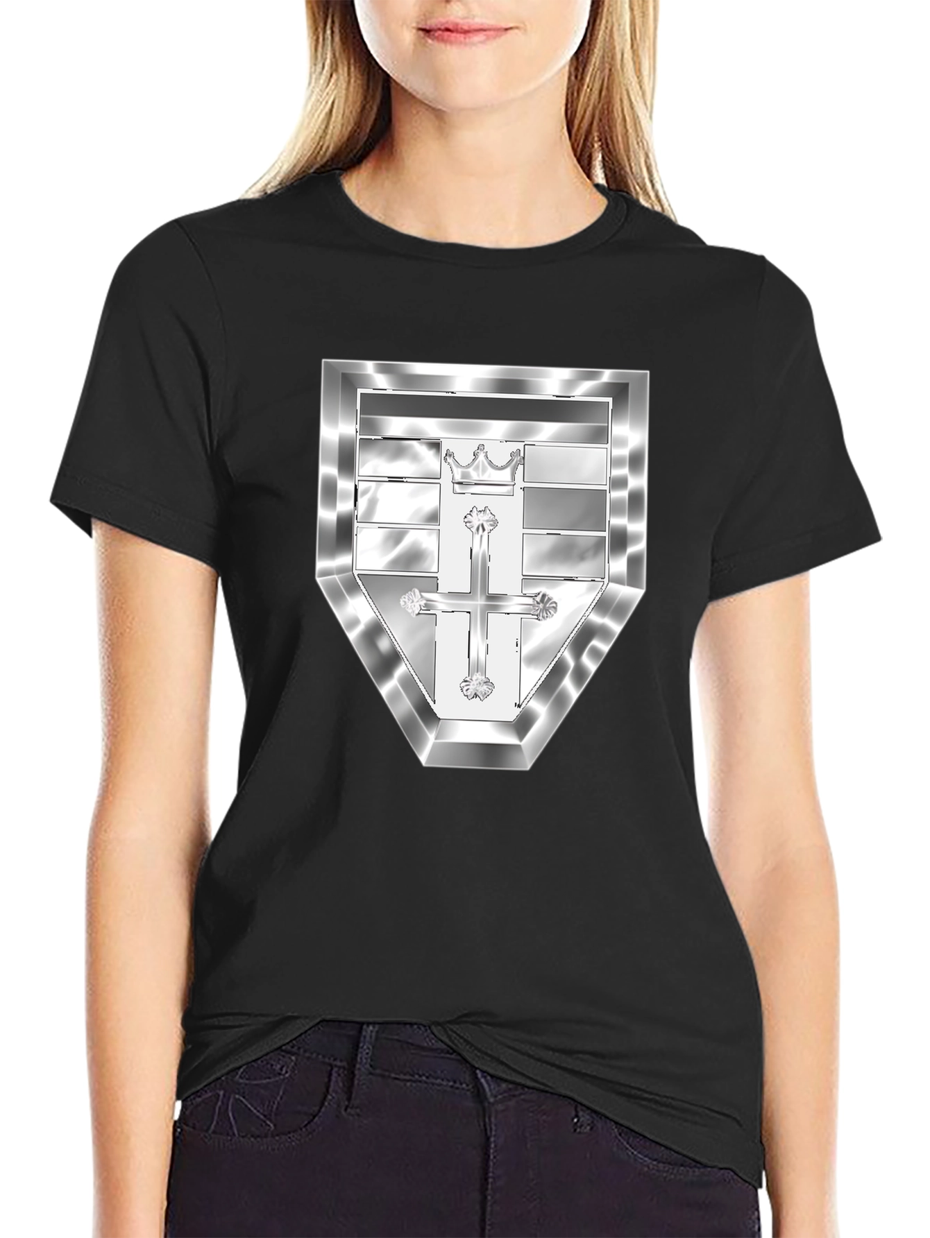 Black T-Shirt with Silver Crest Design