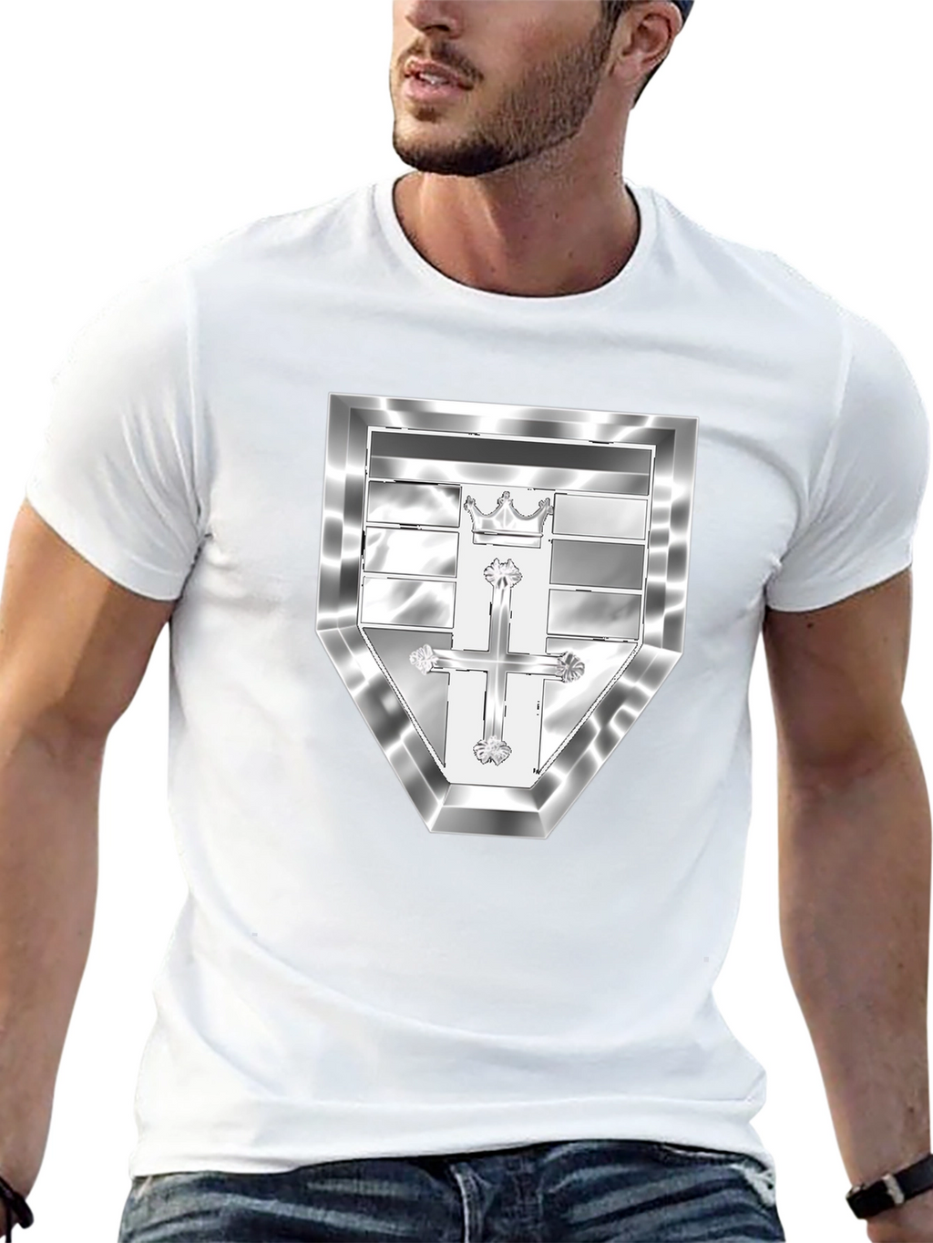 Black T-Shirt with Silver Crest Design