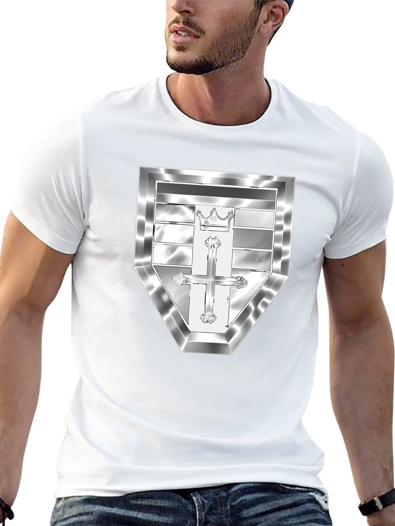Black T-Shirt with Silver Crest Design