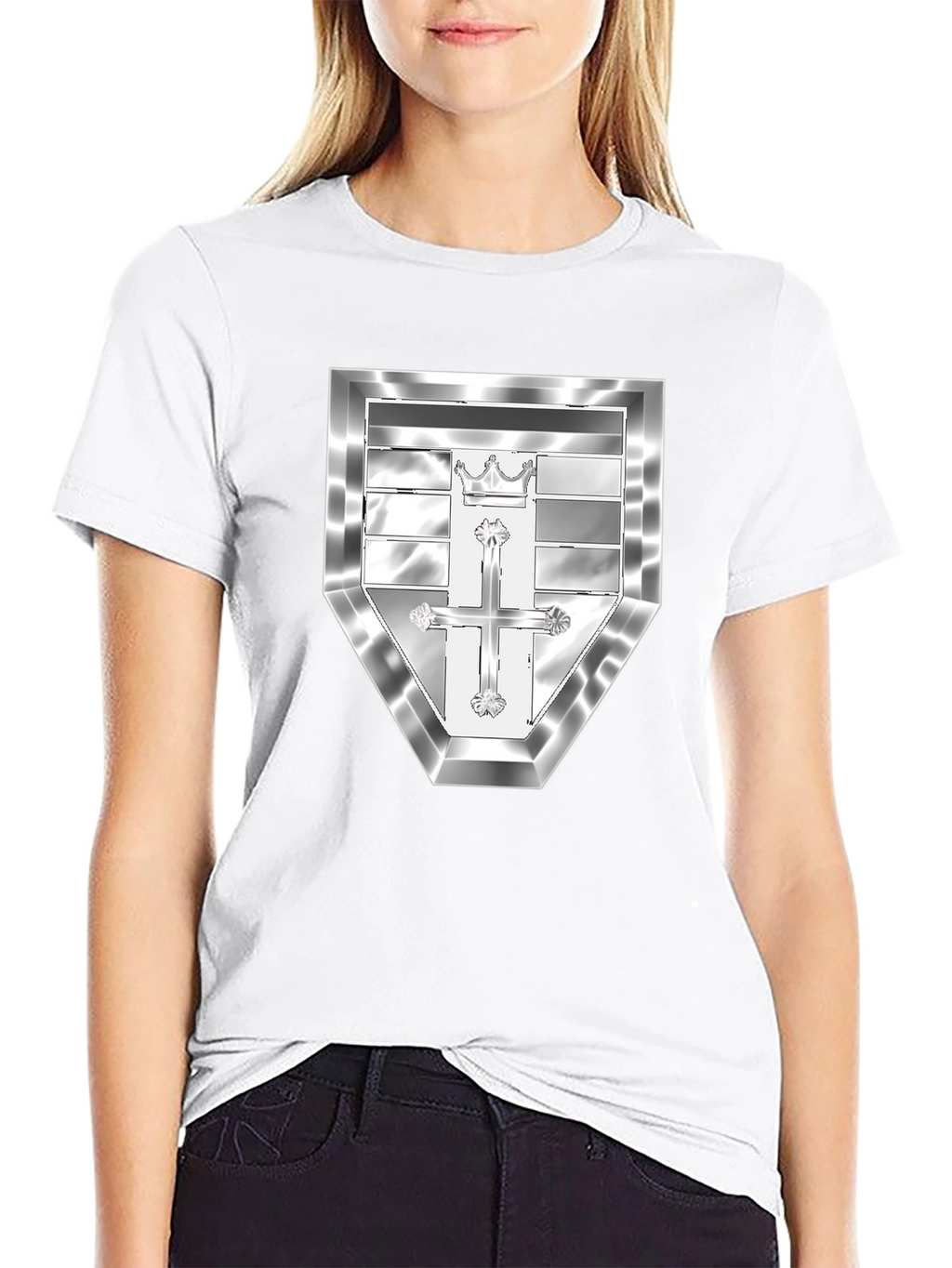 Black T-Shirt with Silver Crest Design
