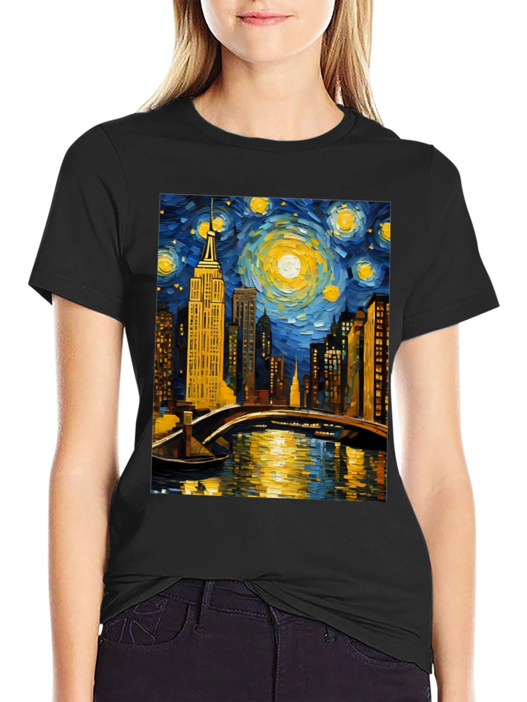 Starry Night Cityscape Tee - Artistic Graphic T-Shirt