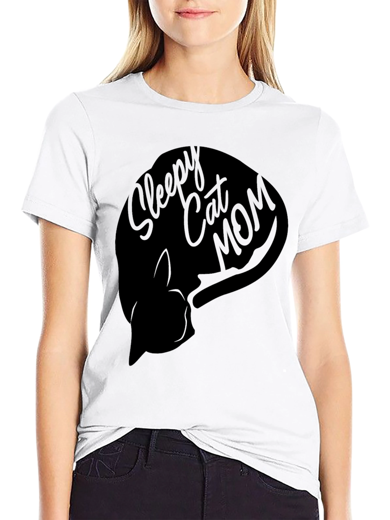 Sleepy Cat Mom Graphic T-Shirt - Unisex Black Tee