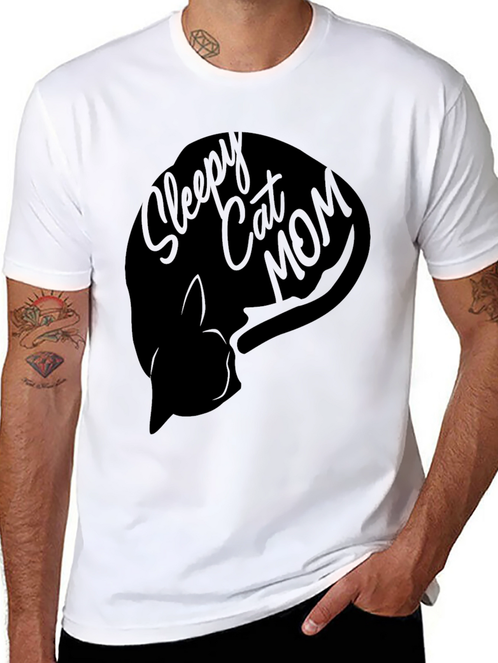 Sleepy Cat Mom Graphic T-Shirt - Unisex Black Tee