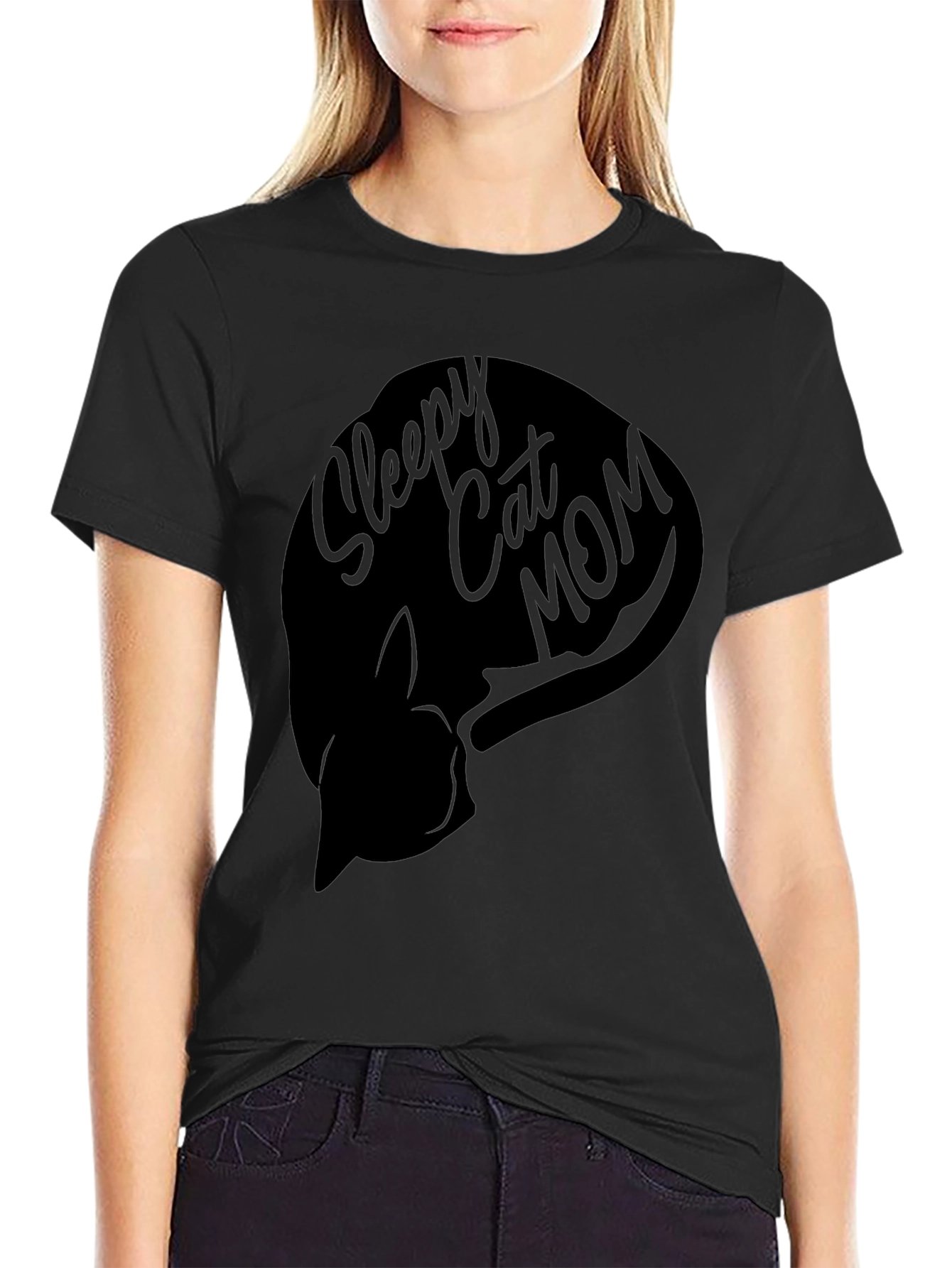 Sleepy Cat Mom Graphic T-Shirt - Unisex Black Tee