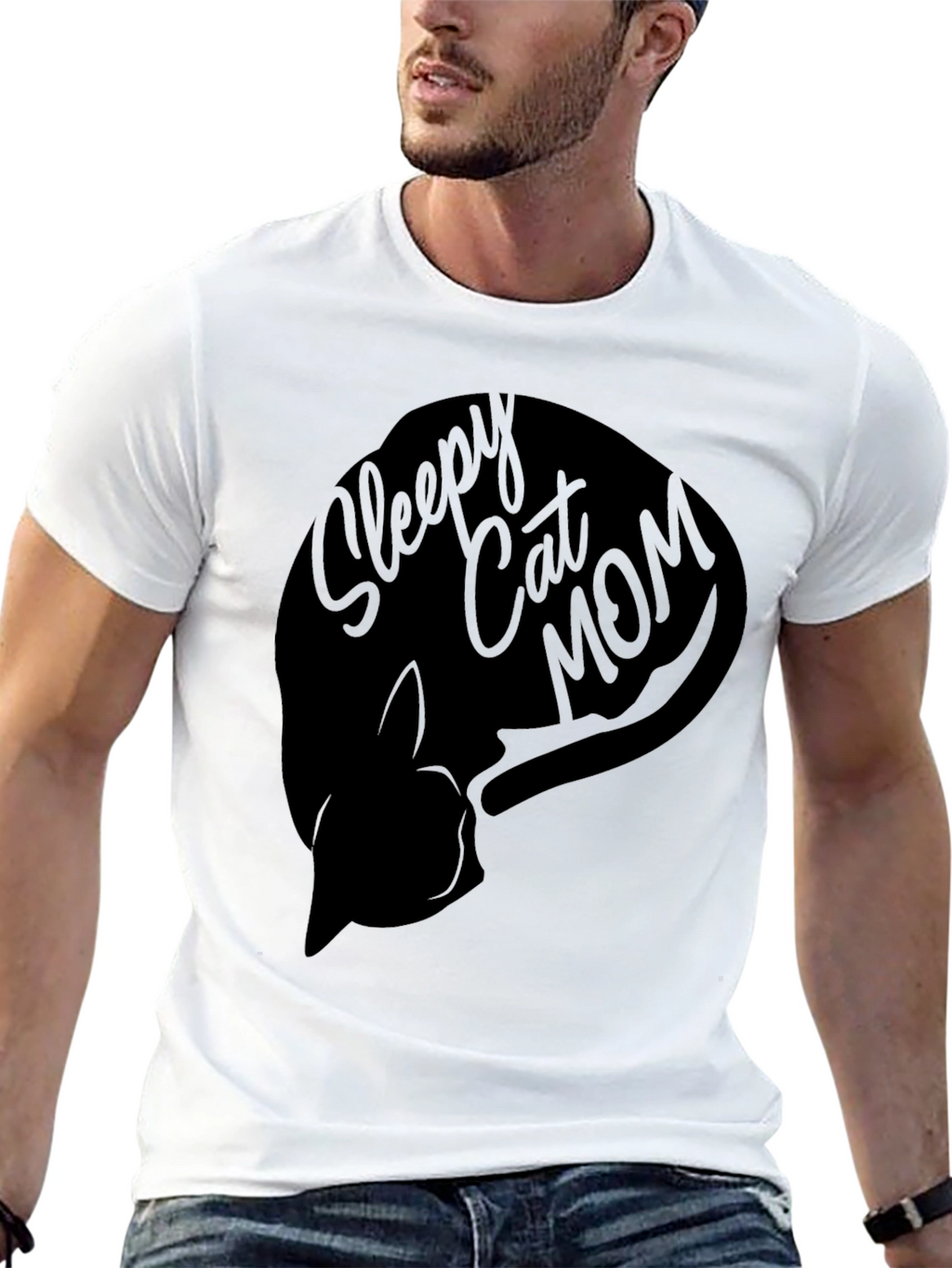 Sleepy Cat Mom Graphic T-Shirt - Unisex Black Tee