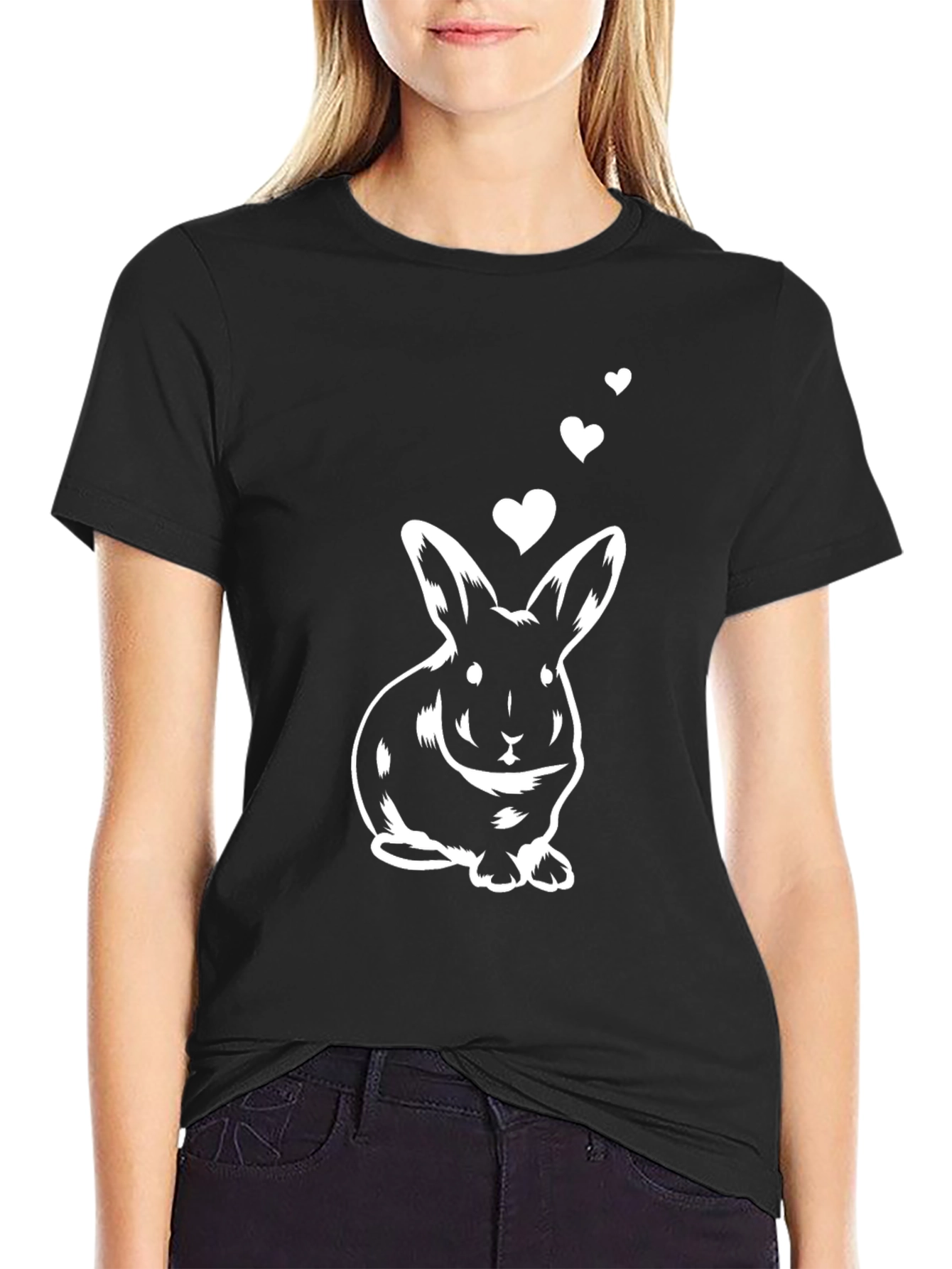 Cute Bunny with Hearts Black Graphic Tee