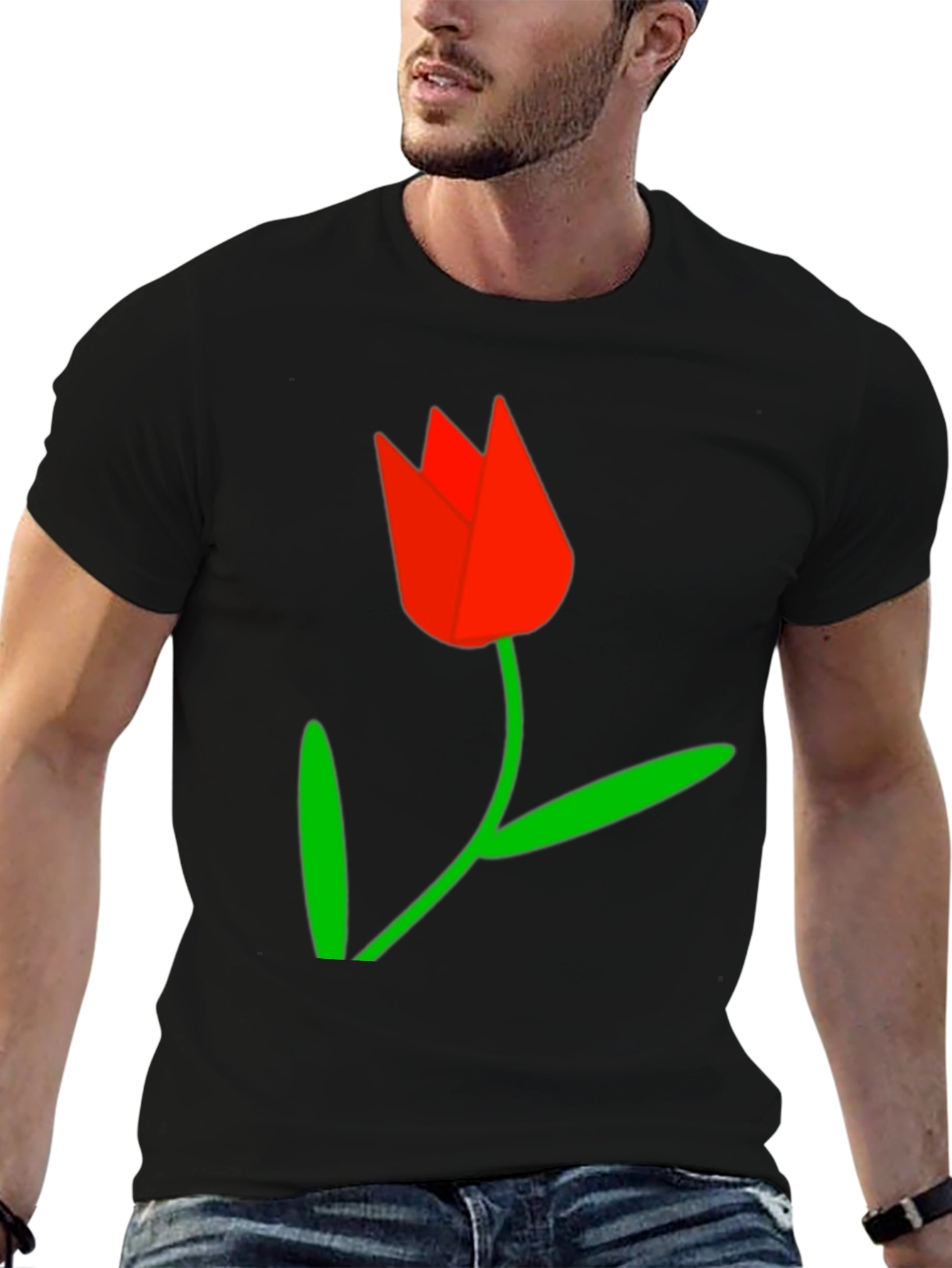 Black Tee with Red Tulip Graphic