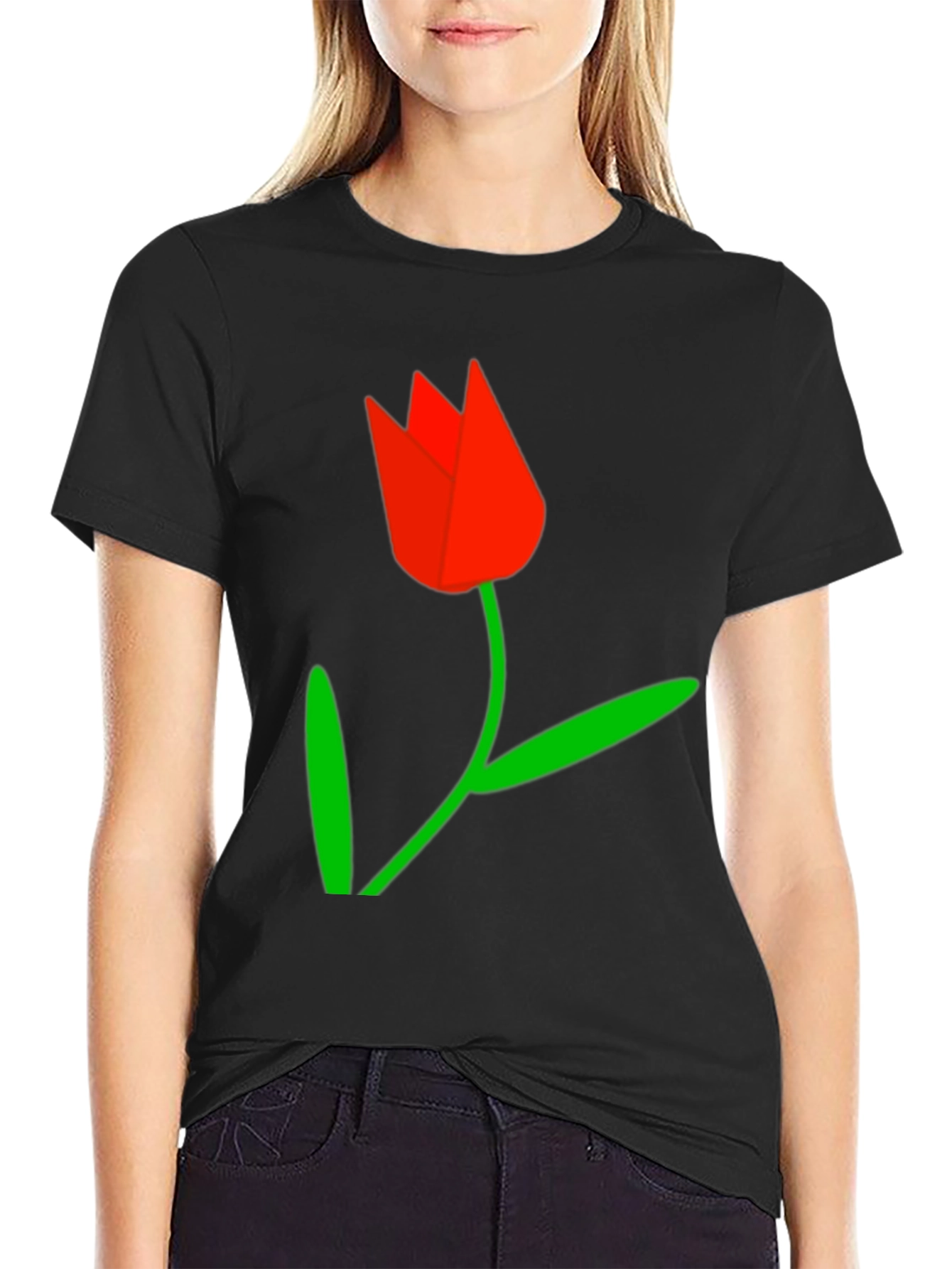 Black Tee with Red Tulip Graphic