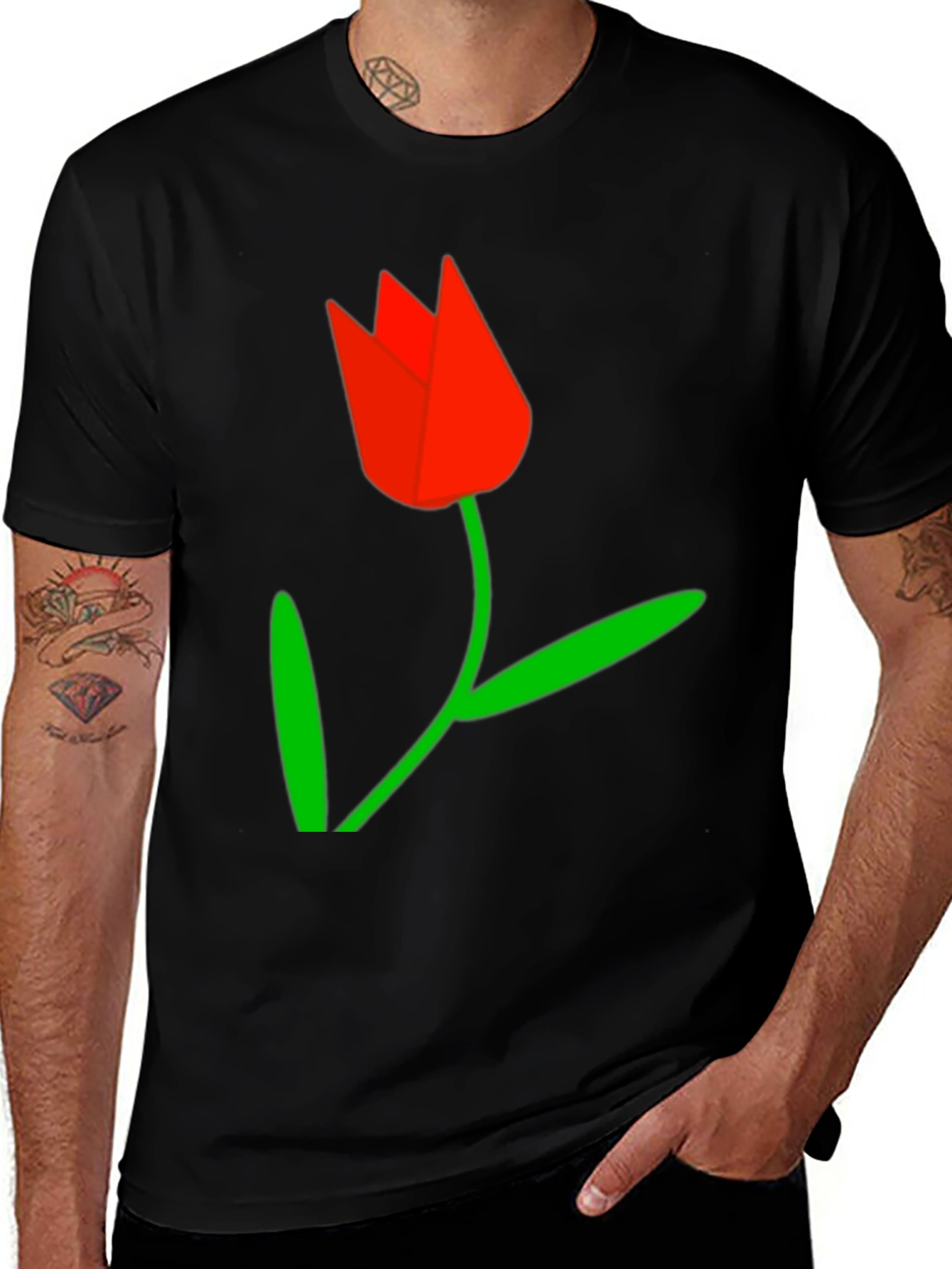 Black Tee with Red Tulip Graphic