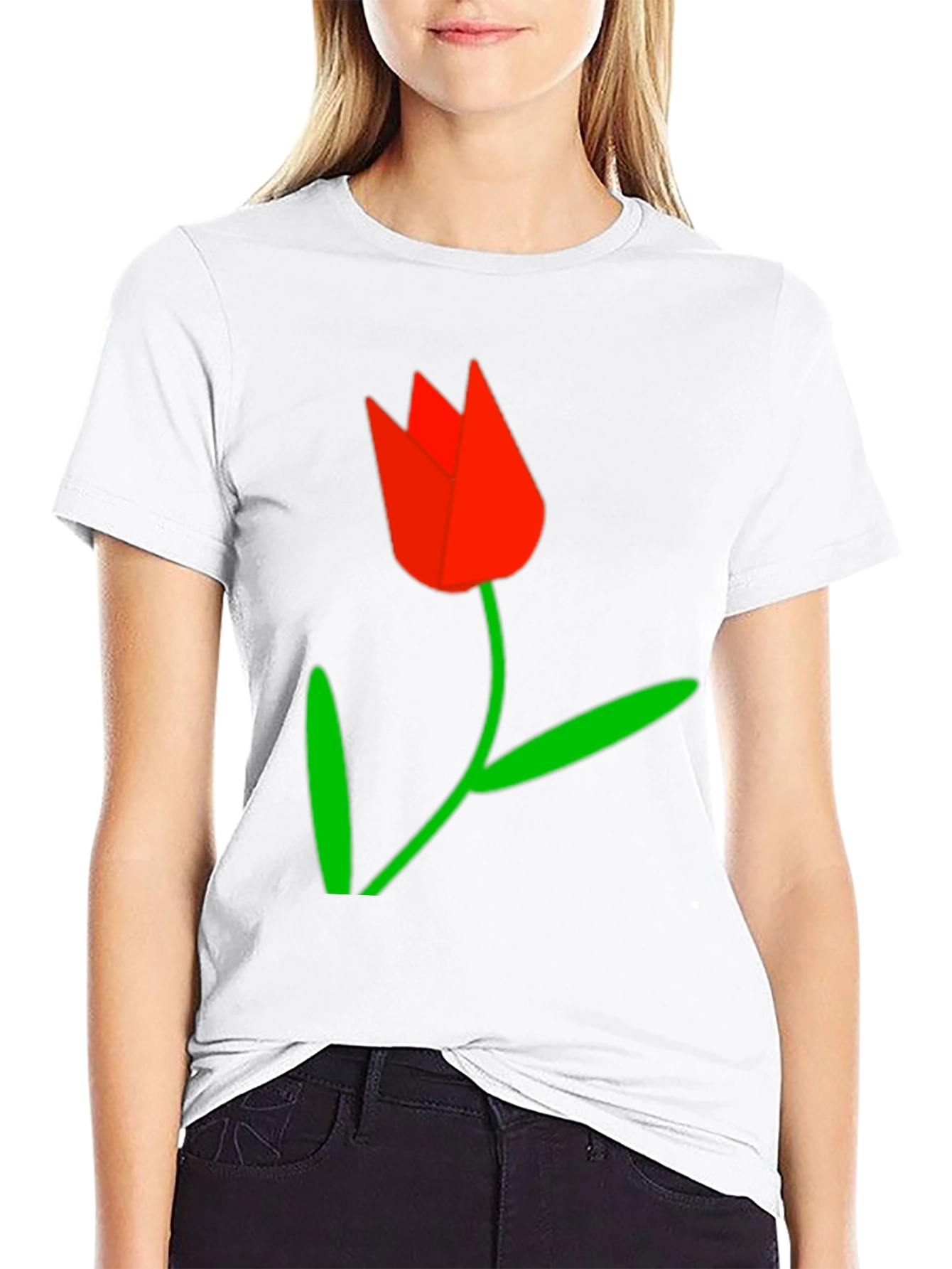Black Tee with Red Tulip Graphic