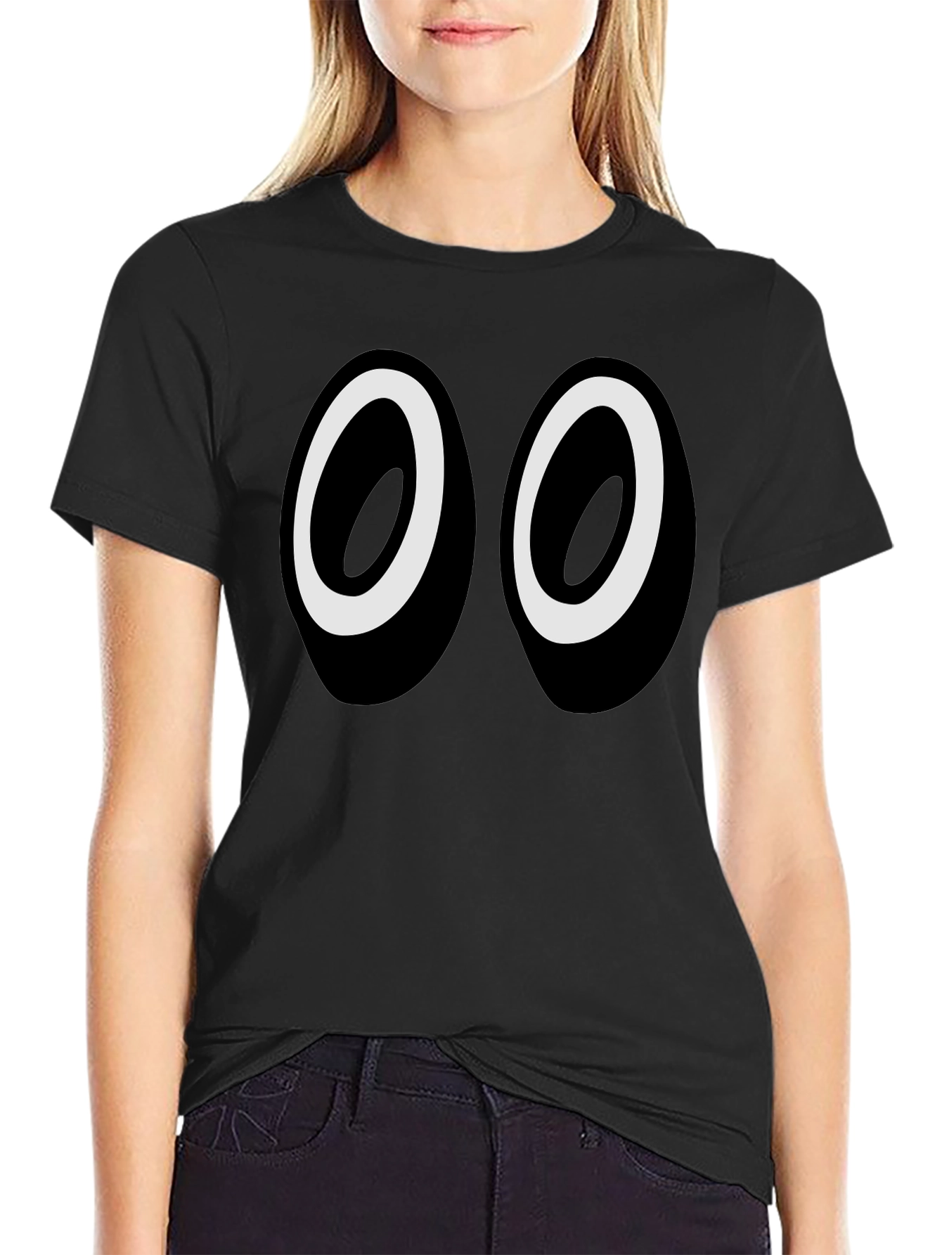 Funny Cartoon Eyes Graphic Black T-Shirt