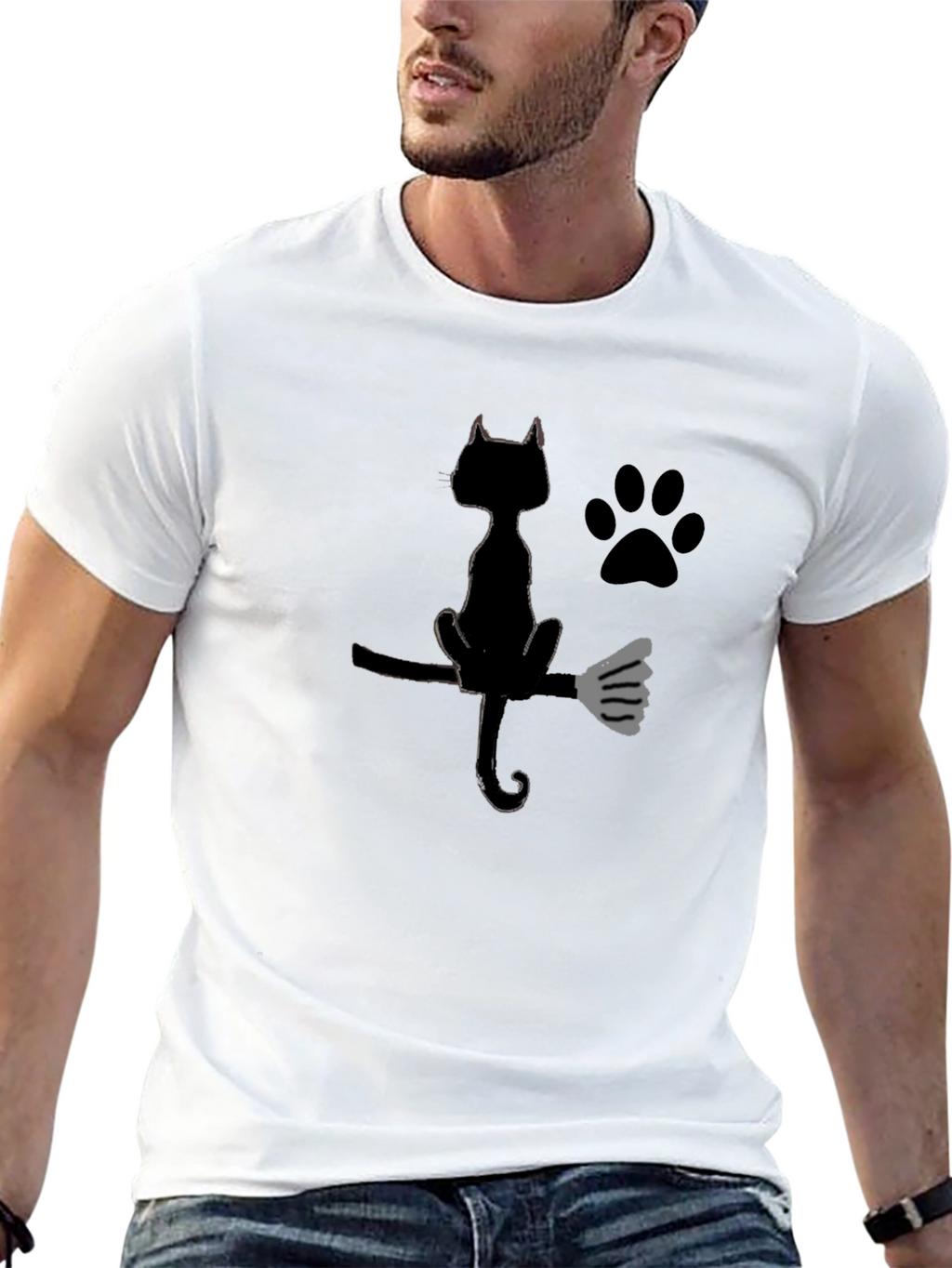 Halloween Black Cat Broomstick Graphic T-Shirt
