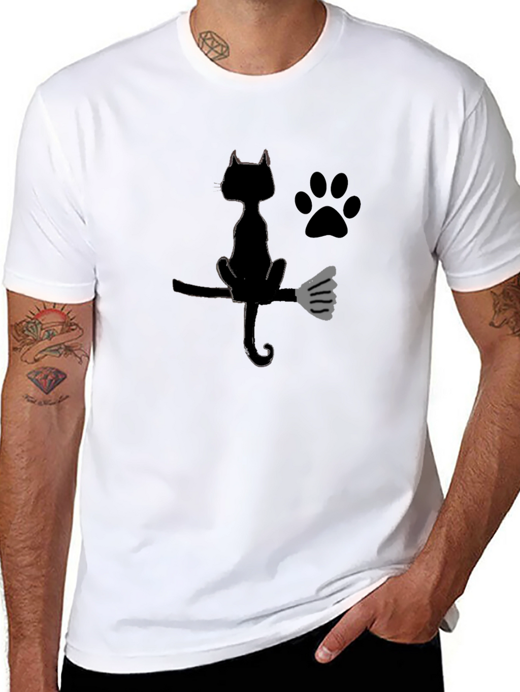 Halloween Black Cat Broomstick Graphic T-Shirt