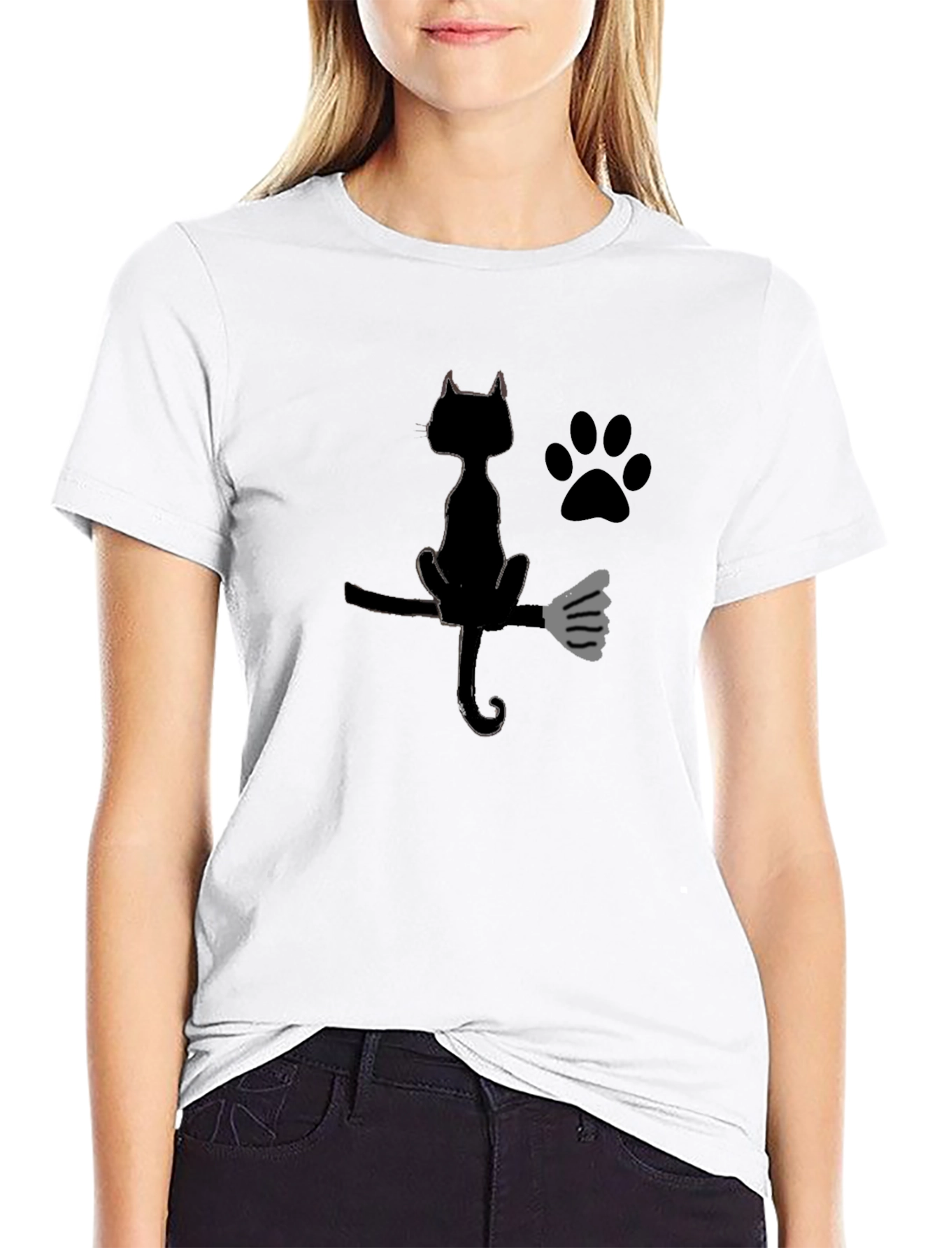 Halloween Black Cat Broomstick Graphic T-Shirt