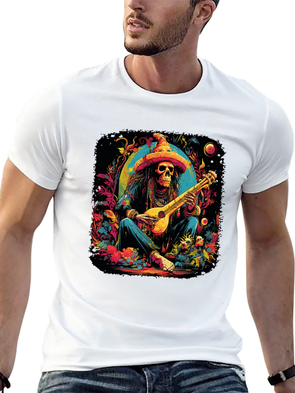 Day of the Dead Skeleton Musician Graphic T-Shirt