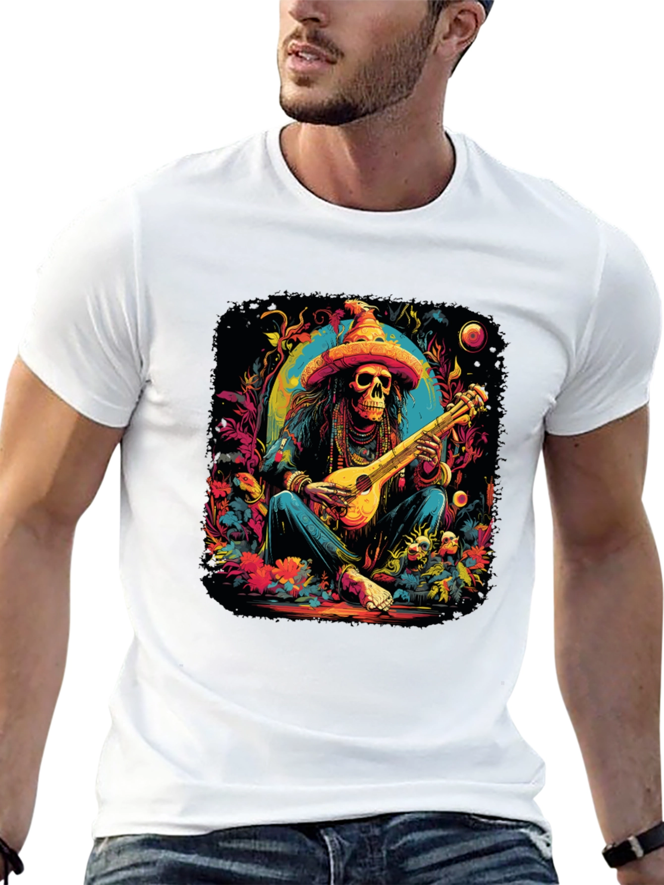 Day of the Dead Skeleton Musician Graphic T-Shirt