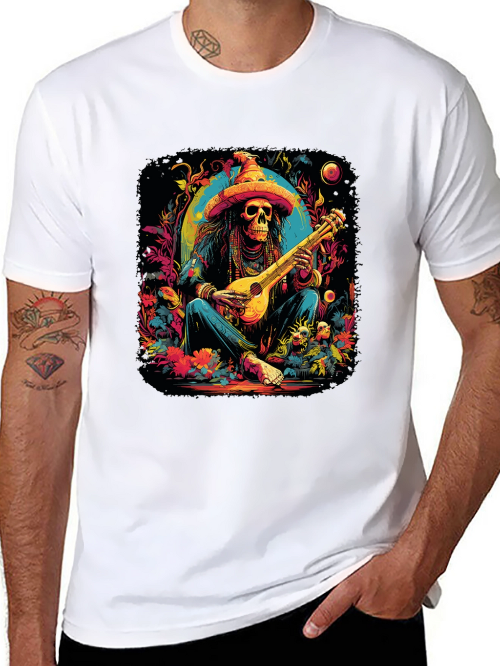 Day of the Dead Skeleton Musician Graphic T-Shirt
