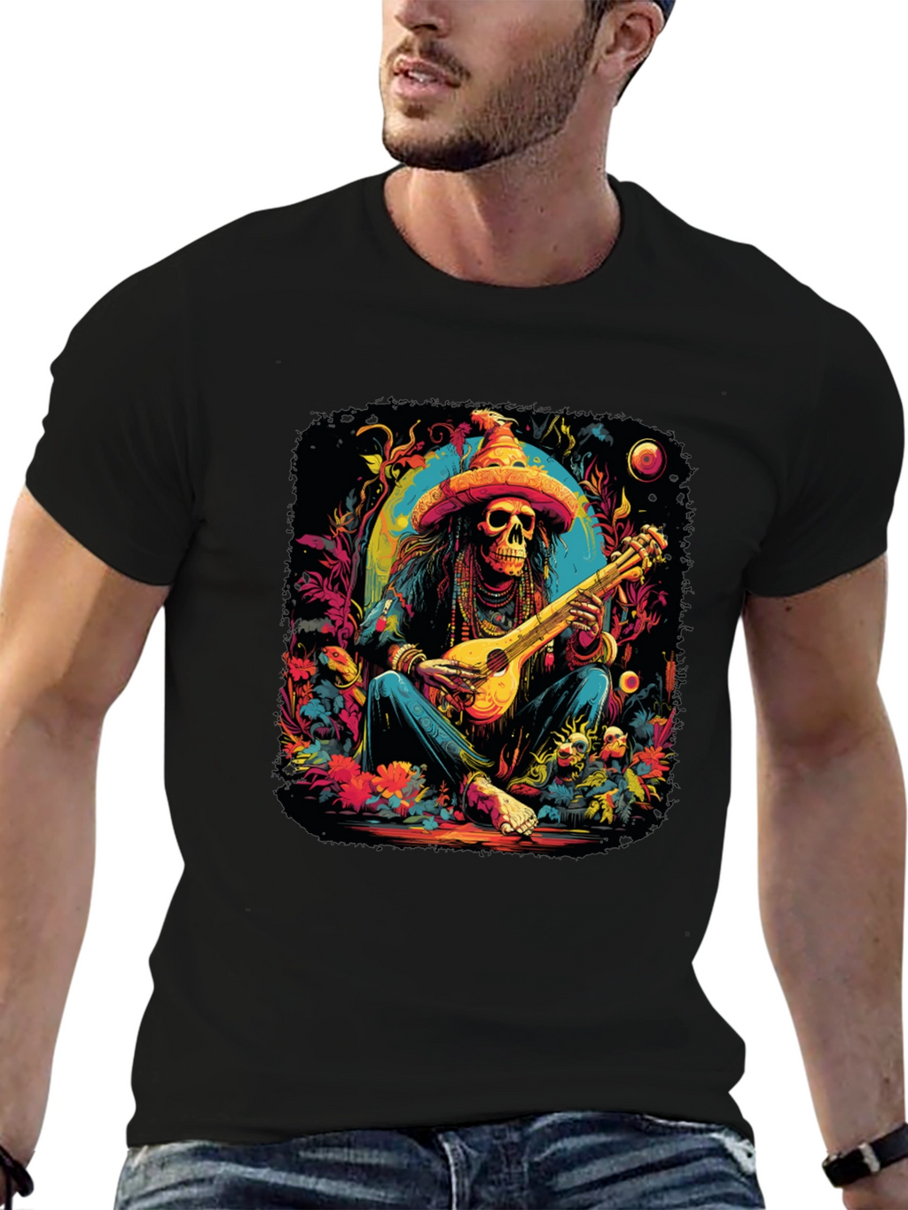 Day of the Dead Skeleton Musician Graphic T-Shirt
