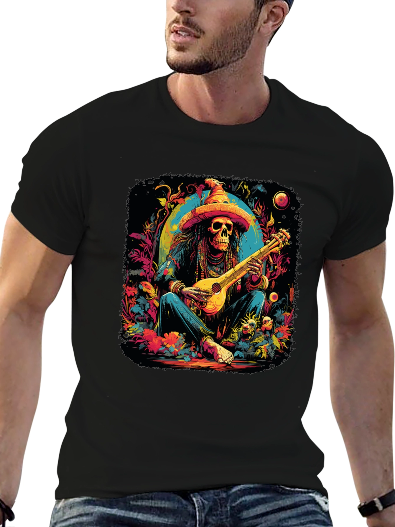 Day of the Dead Skeleton Musician Graphic T-Shirt