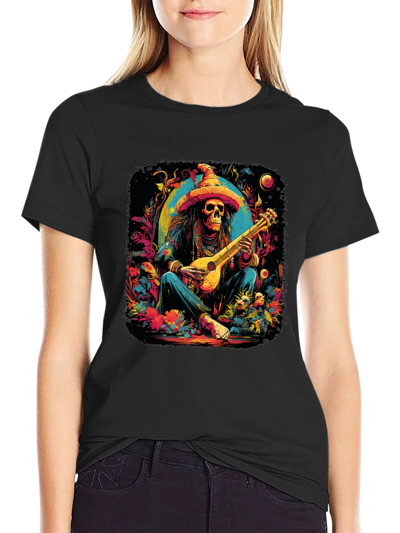 Day of the Dead Skeleton Musician Graphic T-Shirt