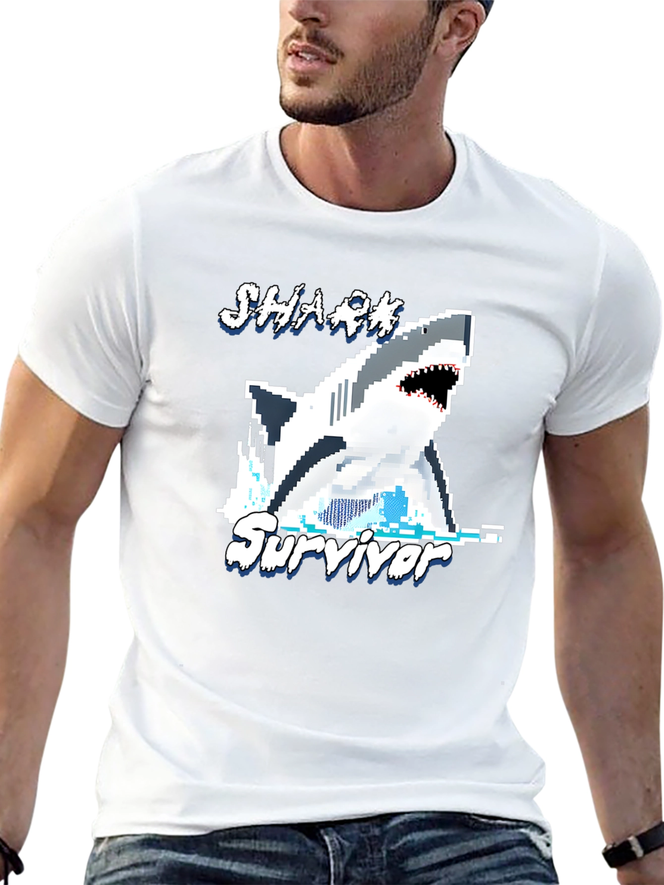 Shark Survivor Pixel Art Graphic Tee