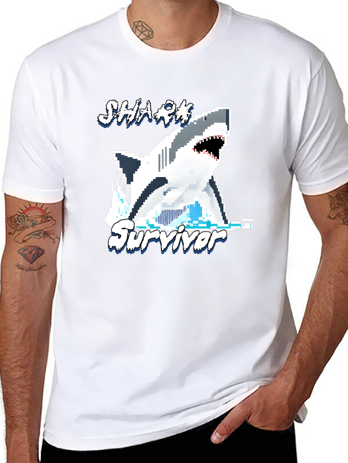 Shark Survivor Pixel Art Graphic Tee