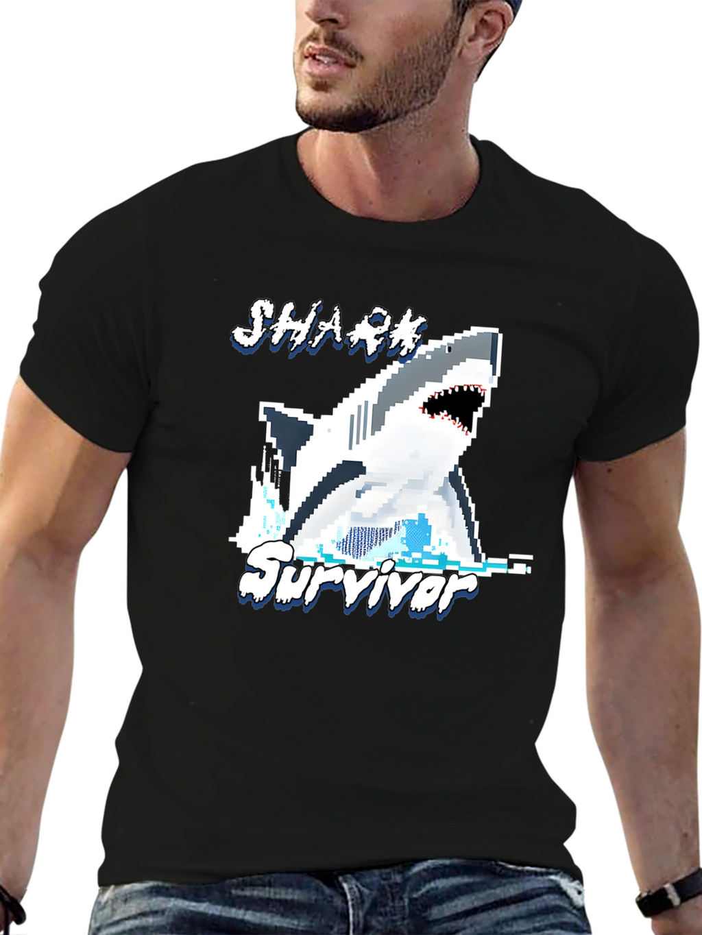 Shark Survivor Pixel Art Graphic Tee
